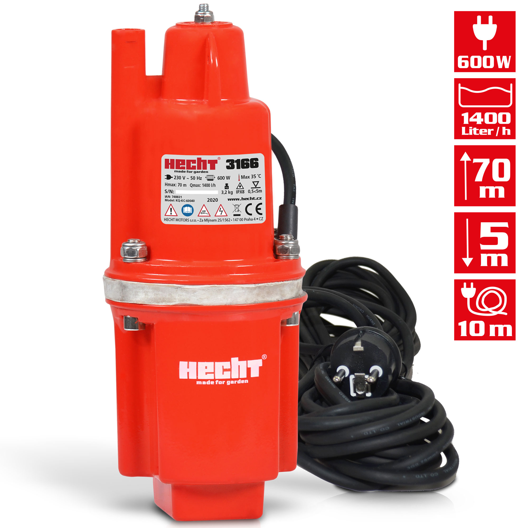 Hecht 3166 Membranpumpe; Mit langem Kabel und leistungsstarkem Motor