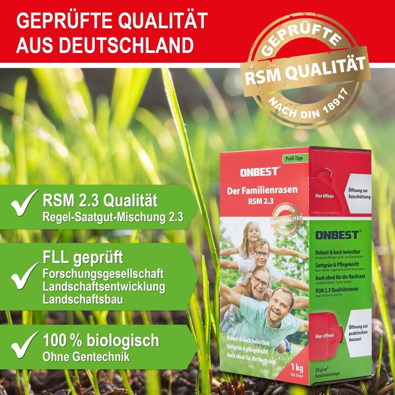 Familienrasen RSM 2.3 Rasenmischung ONBEST mit Prüfsiegeln, biologisch & FLL-geprüft vor grüner Wiese