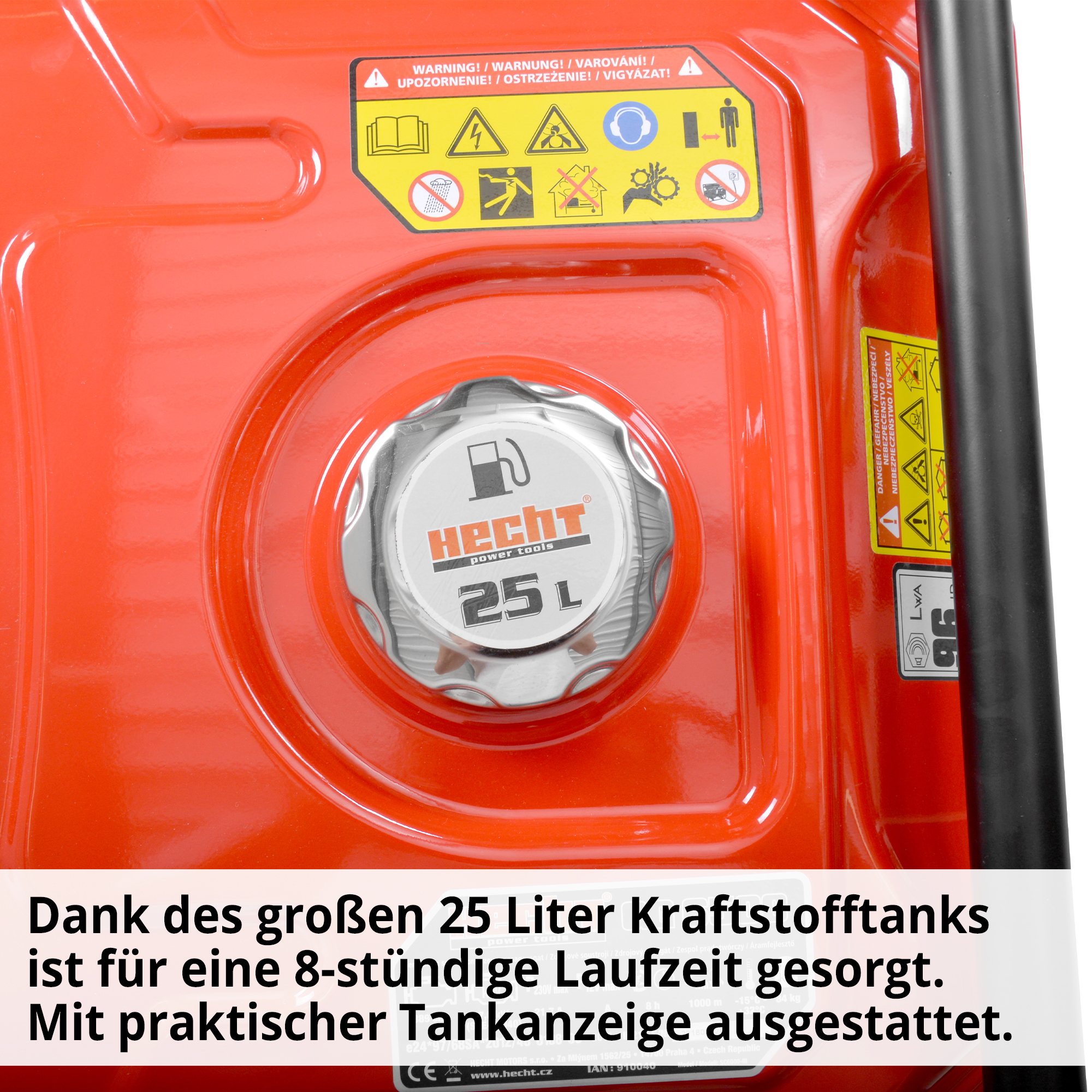 Stromgenerator; großer 25 Liter Kraftstofftank für 8 Stunden Laufzeit mit Tankanzeige