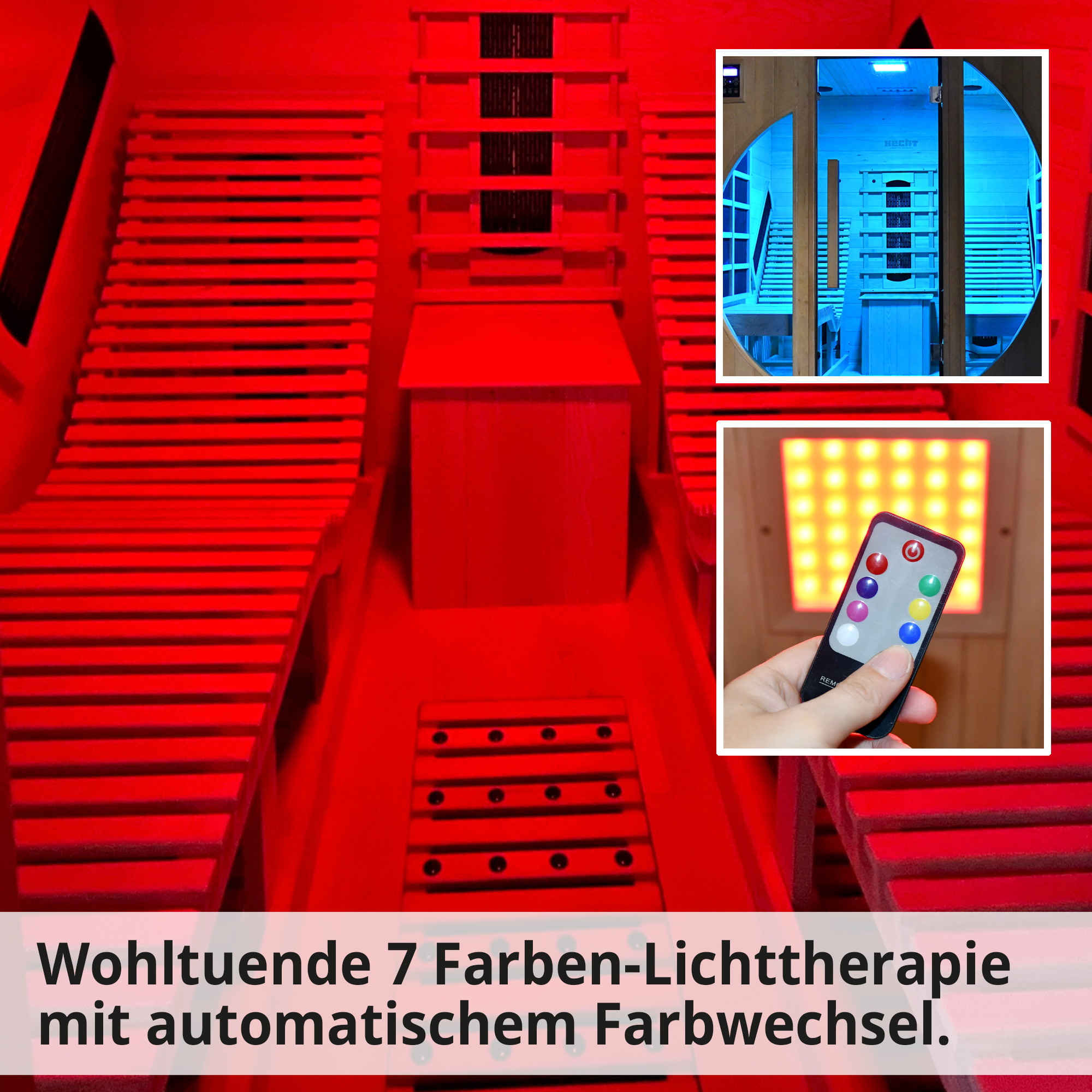 Hecht-Sauna mit LED-Lichttherapie und Farbwahl bequemer wechsel per Fernbedienung  (Dieses Bild wurde mit Hilfe von KI generiert.)