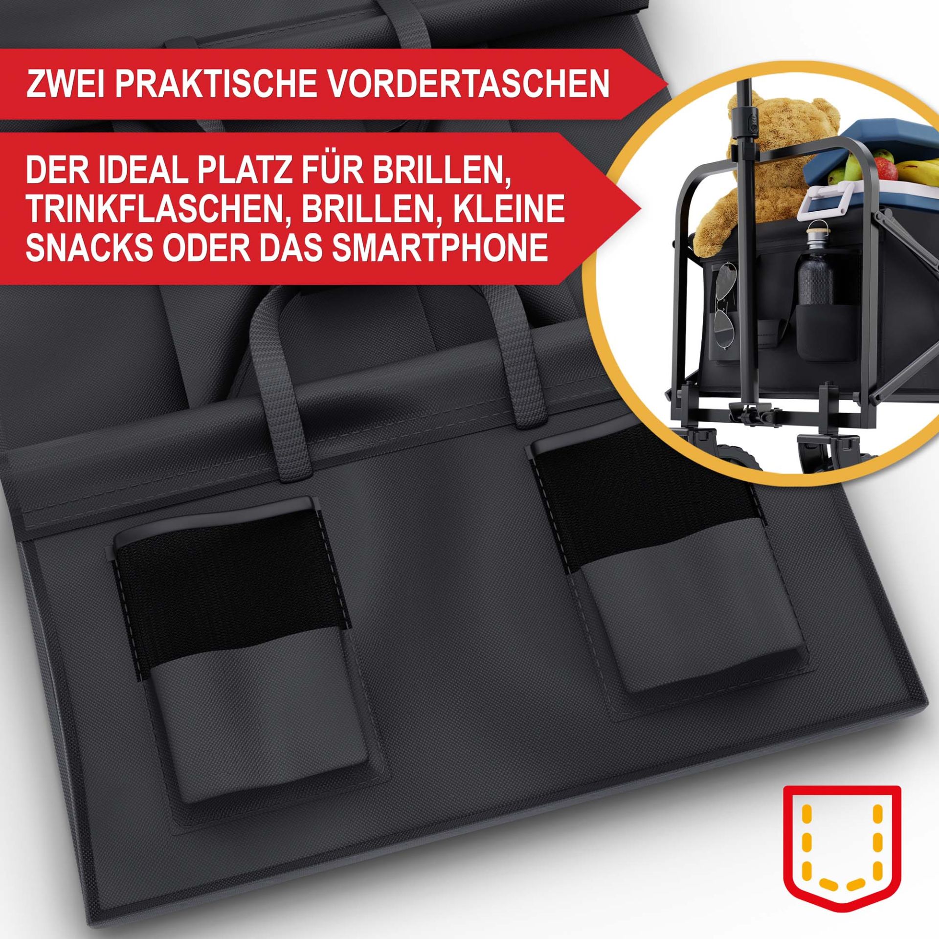 Bollerwagen schwarz - 2 praktische Vordertaschen, der ideale Platz für Brillen, Trinkflaschen, Brillen, kleine Snacks oder das Smartphone