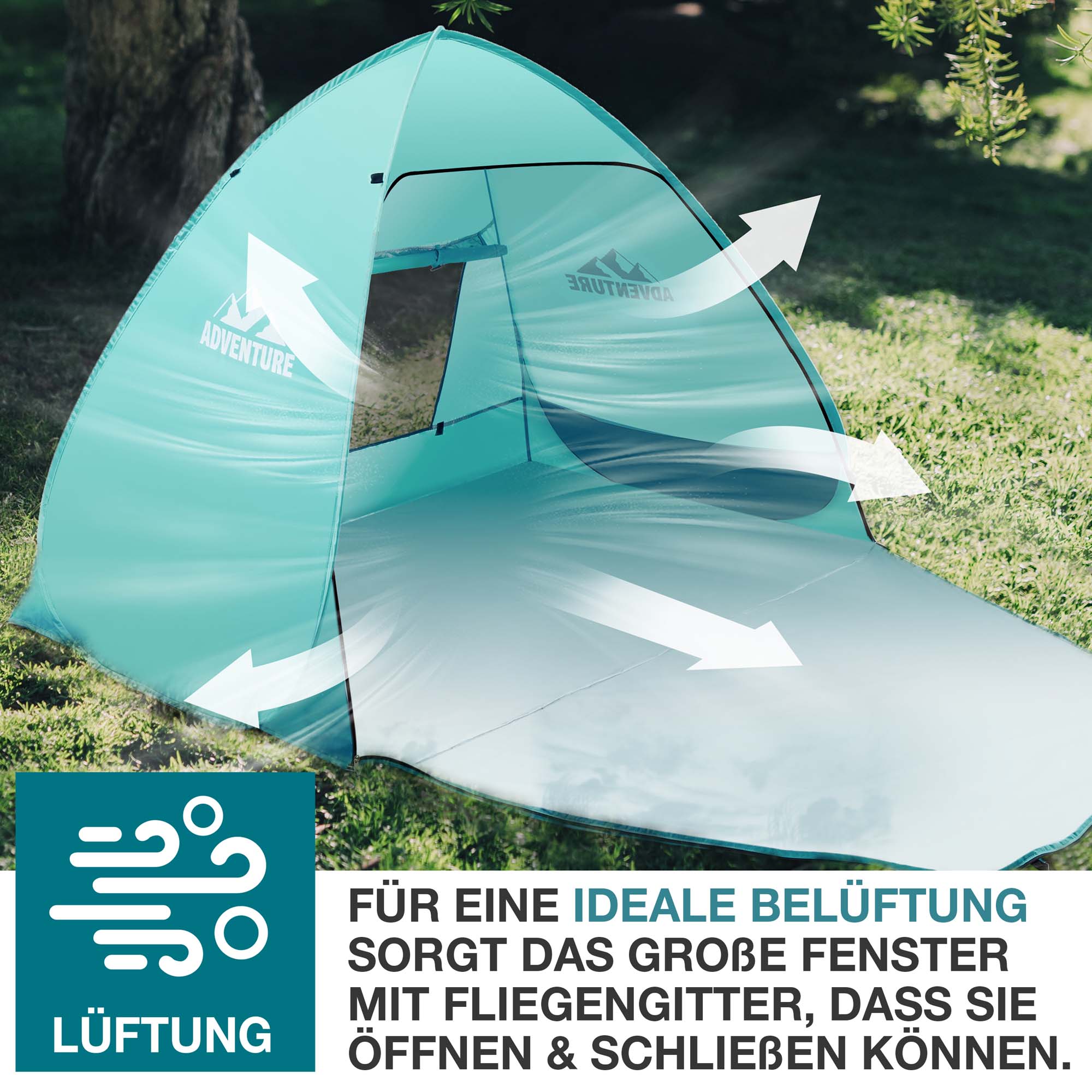 Grüne Strandmuschel mit großem Fenster und Fliegengitter für ideale Belüftung dargestellt durch Luftstrom-Pfeile