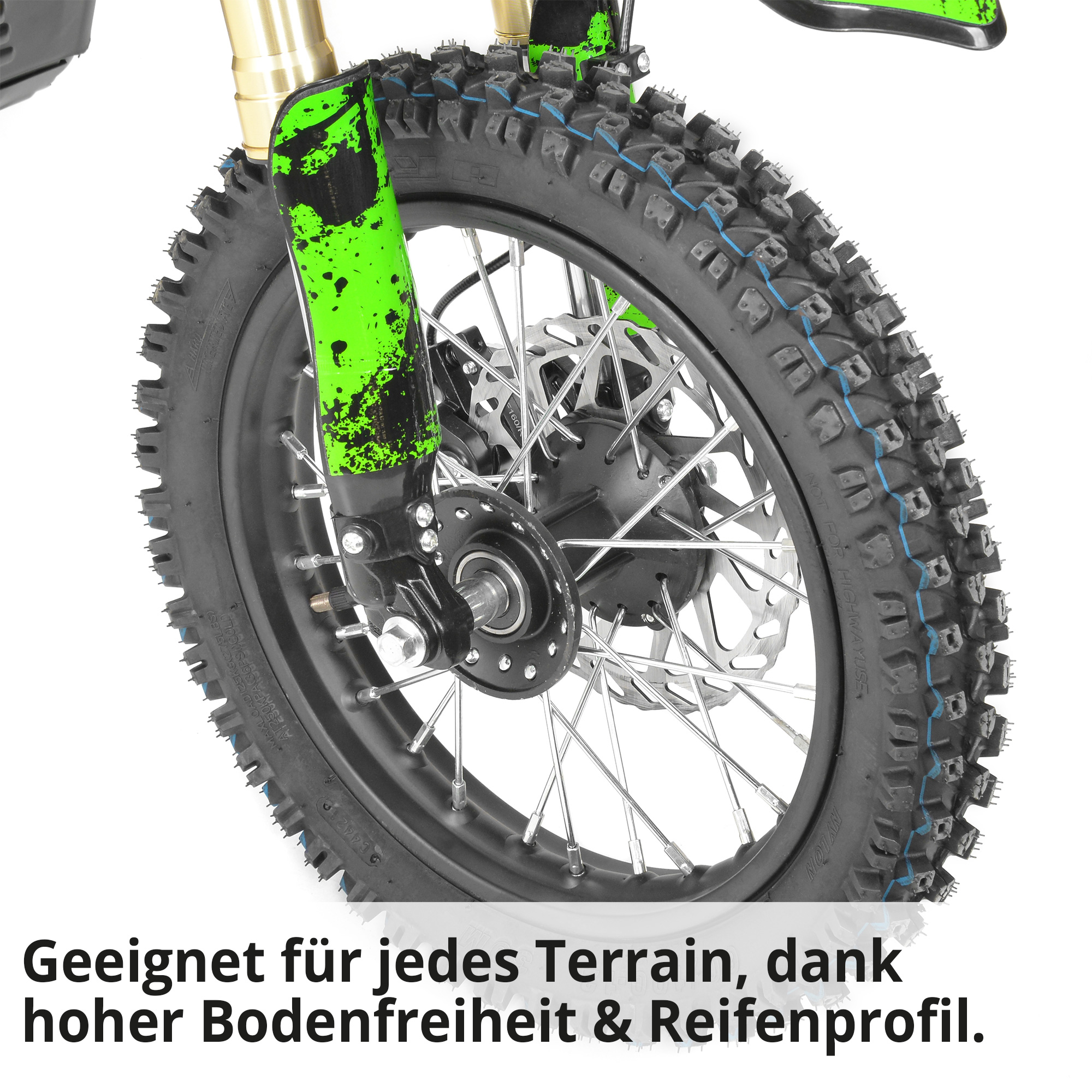 Hecht 59100 Elektro Pocketbike Grün; Geeignet für jedes Terrain, dank hoher Bodenfreiheit und Reifenprofil