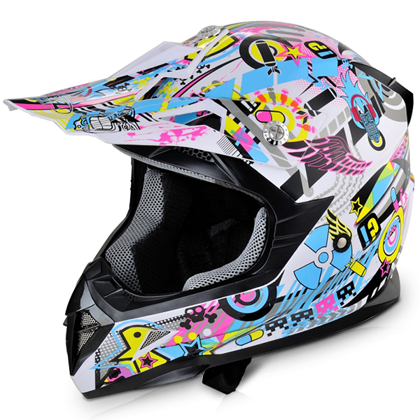 Motocrosshelm Kinder bunt mit coolem Design für sicheres Fahren und maximale Sichtbarkeit.