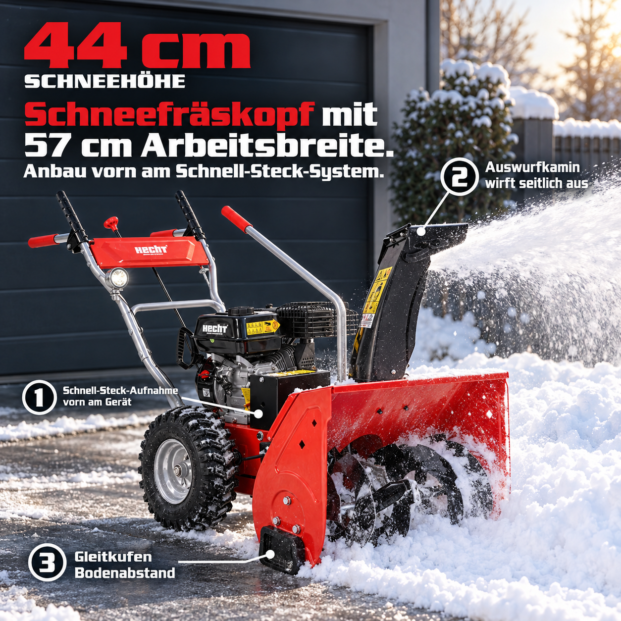 HECHT Kehrmaschine 8616 SE mit Schneefräskopf am Schnell-Steck-System (Dieses Bild wurde mit Hilfe von KI generiert.)