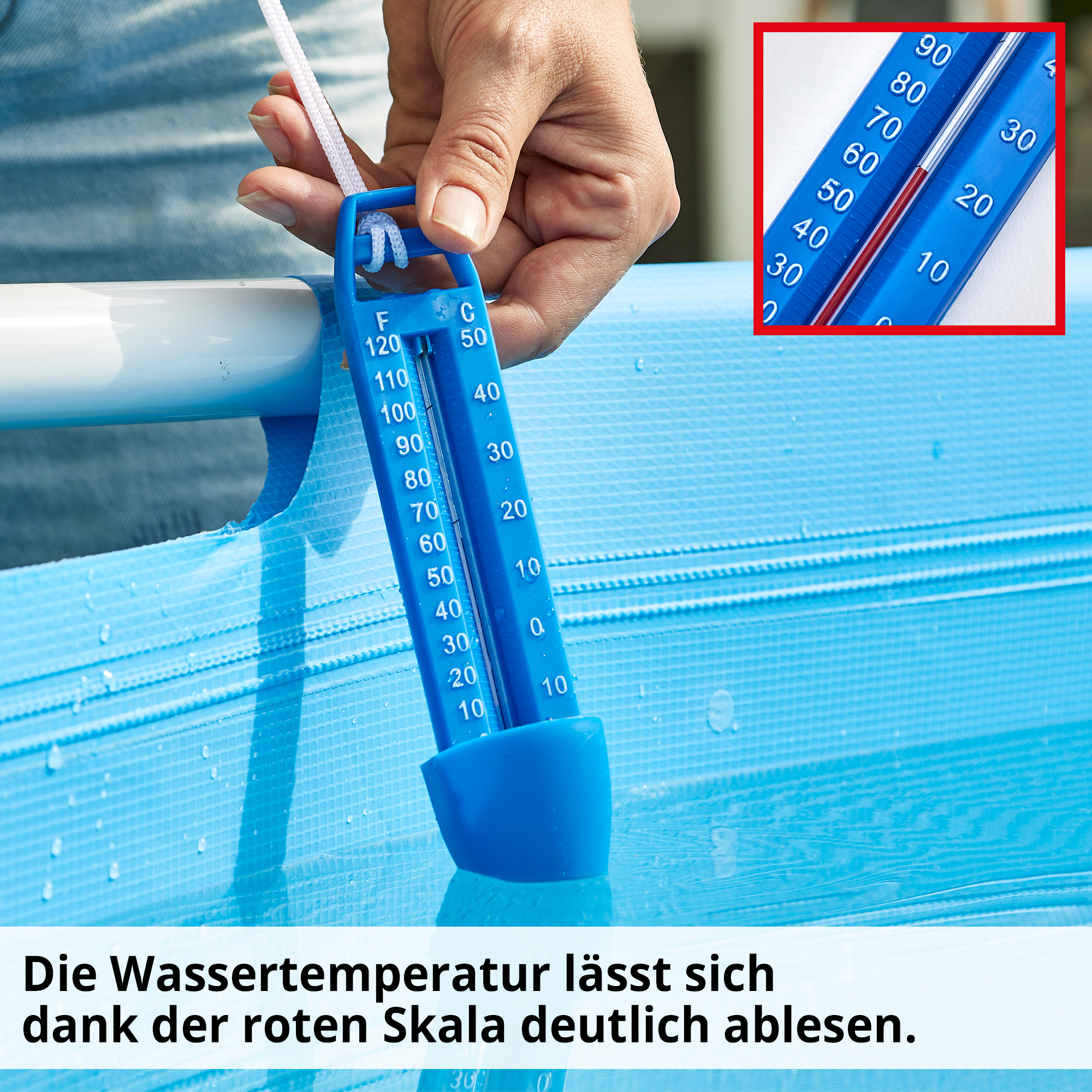 Wasser Thermometer lässt sich dank roten Skala deutlich ablesen Wasser Thermometer lässt sich dank roten Skala deutlich ablesen