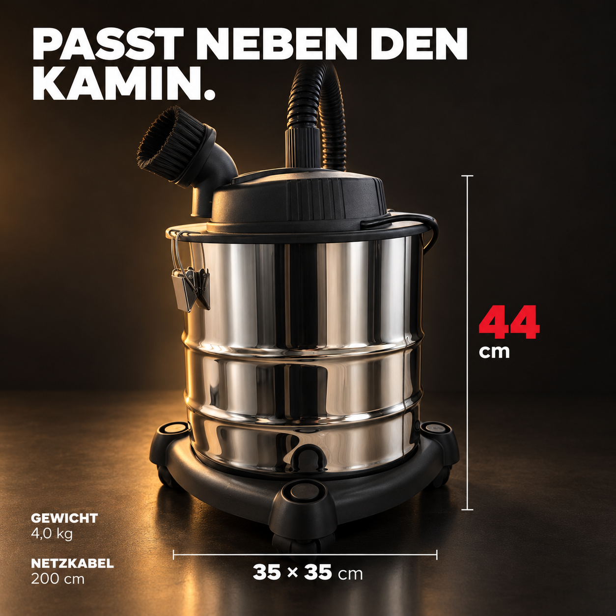 ONBEST Aschesauger: Kompakte Maße von 35x35x44 cm bei 4 kg Gewicht (Dieses Bild wurde mit Hilfe von KI generiert.)