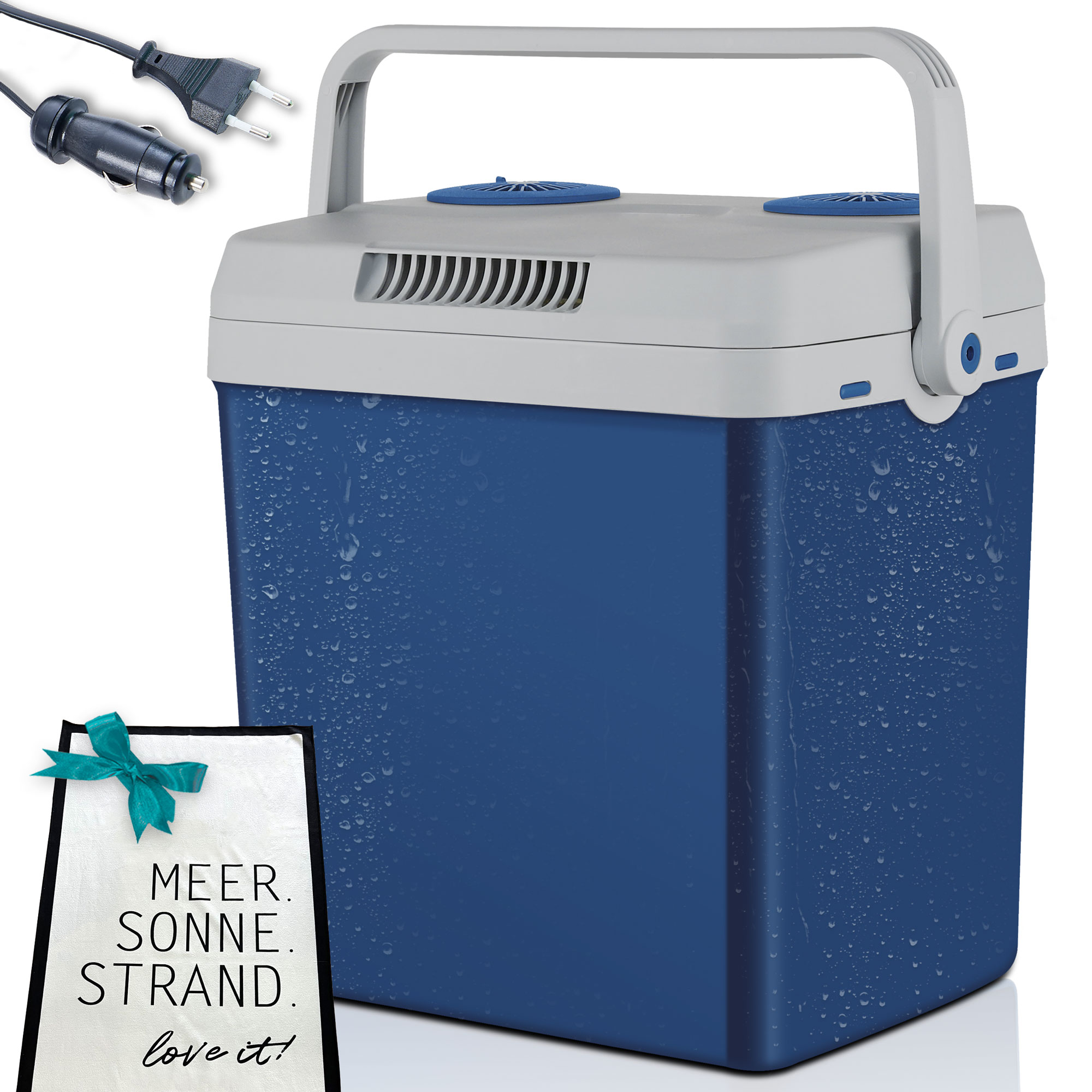 Kühlbox blau – Elektrische Kühlbox – Mit Strandtuch – Kühlen und Wärmen – Tragbare Kühlbox – 2-in-1 Kühler – Mit 230V und 12V Anschluss – Kühlbox für unterwegs – Ideal für Strand und Picknick – Isolierbox