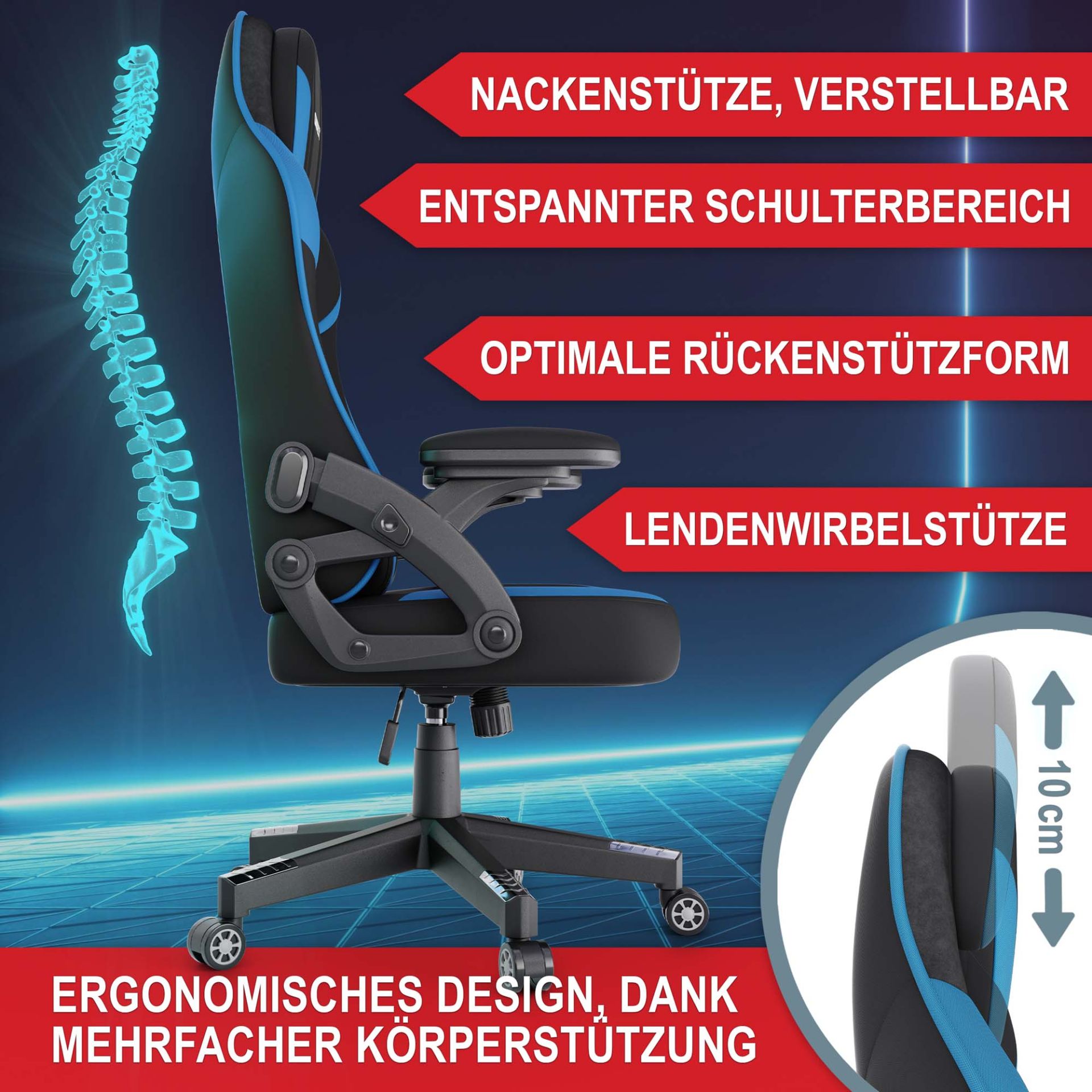 Gaming Stuhl schwarz/ blau- Nackenstütze, verstellbar, entspannter Schulterbereich, optimale Rückenstützform, Lendenwirbelstütze
