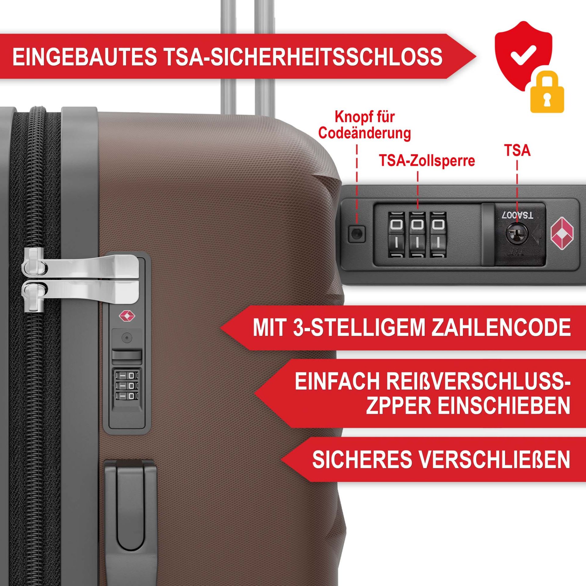 Hartschalenkofferset Coffee - Eingebautes TSA-Sicherheitsschloss; Mit 3-stelligem Zahlencode; einfach Reißverschlusszipper einschieben; sicheres Verschließen