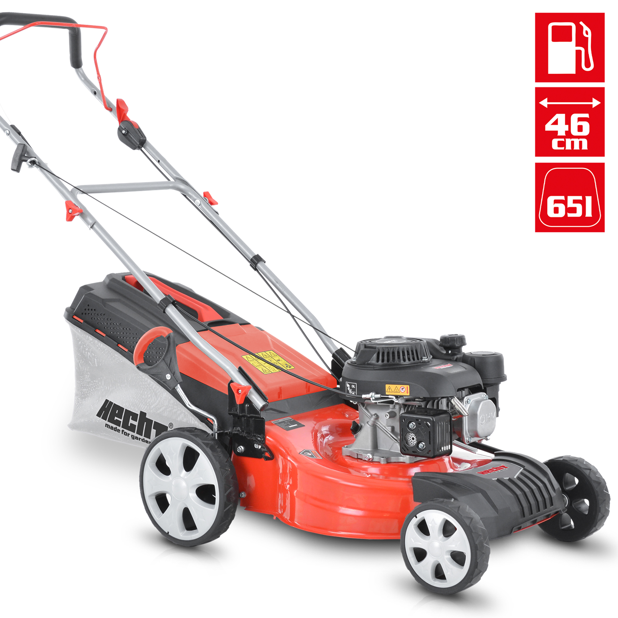 Benzinrasenmäher mit Motorgehäuse großen Hinterräder ergonomischen griff und 60 Liter Grasfangkorb 