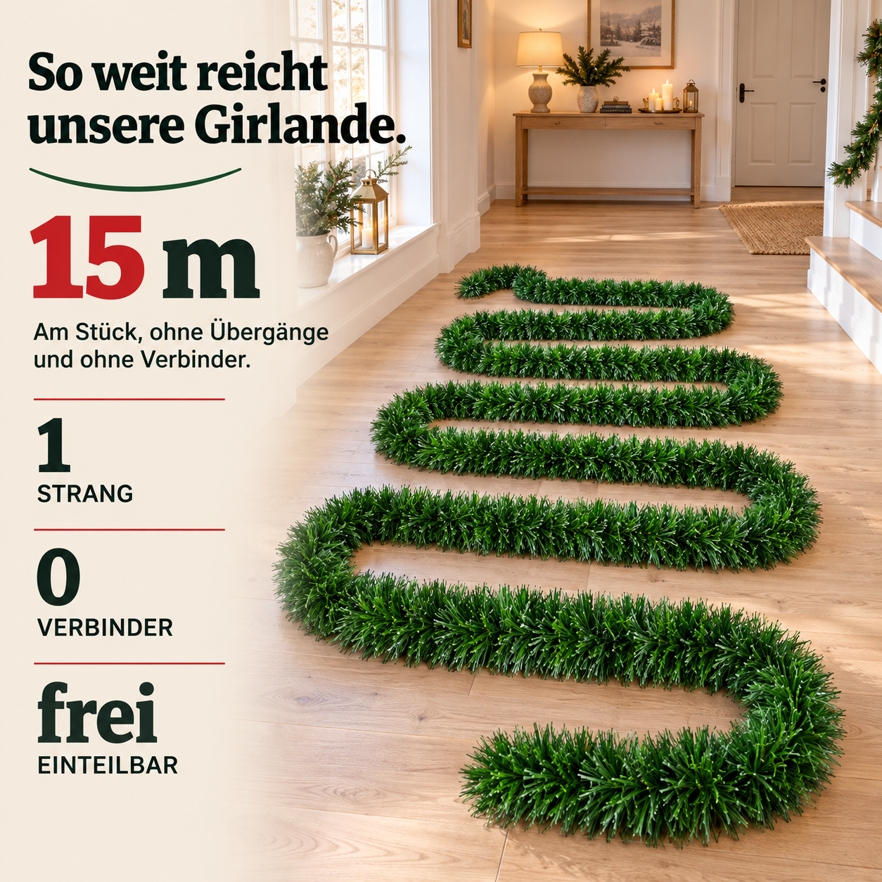 Lange Weihnachtsgirlande: 15 Meter am Stück ohne lästige Verbinder (Dieses Bild wurde mit Hilfe von KI generiert.)