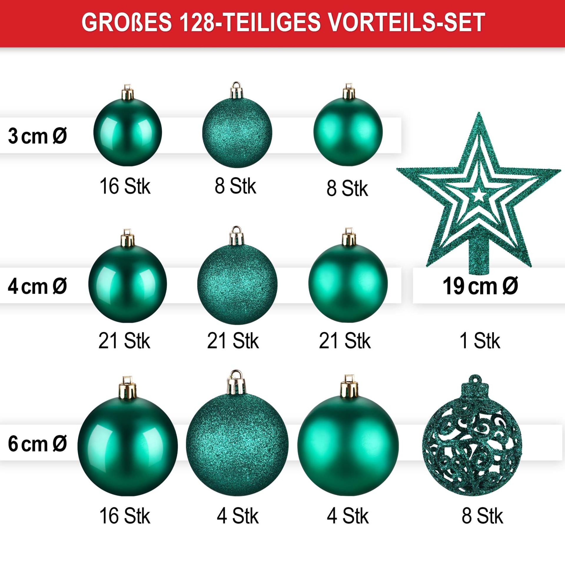 Weihnachtskugeln grün - Großes 128 teiliges Vorteils-Set, kleine, mittlere , große Kugeln und Stern