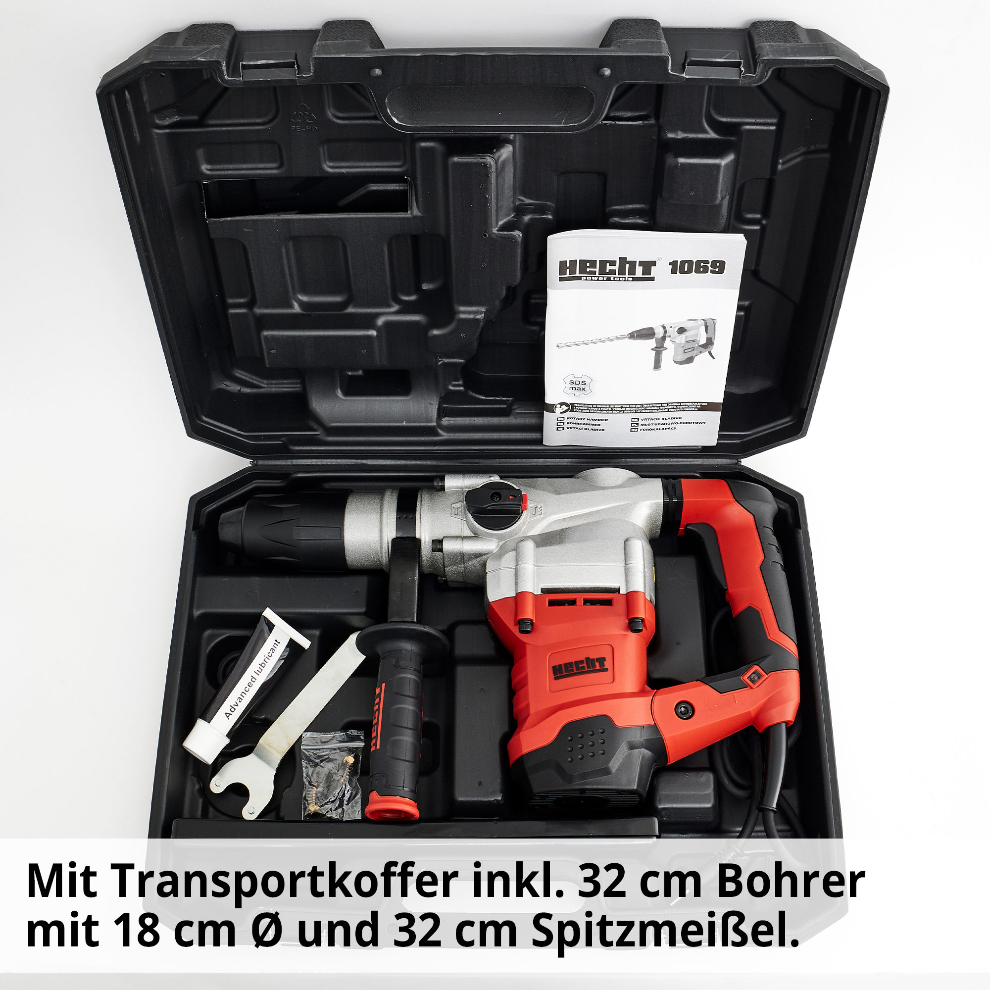HECHT 1069 Bohrhammer mit Transportkoffer inkl. 32 cm Bohrer mit 18 cm Ø und 32 cm Spitzmeißel
