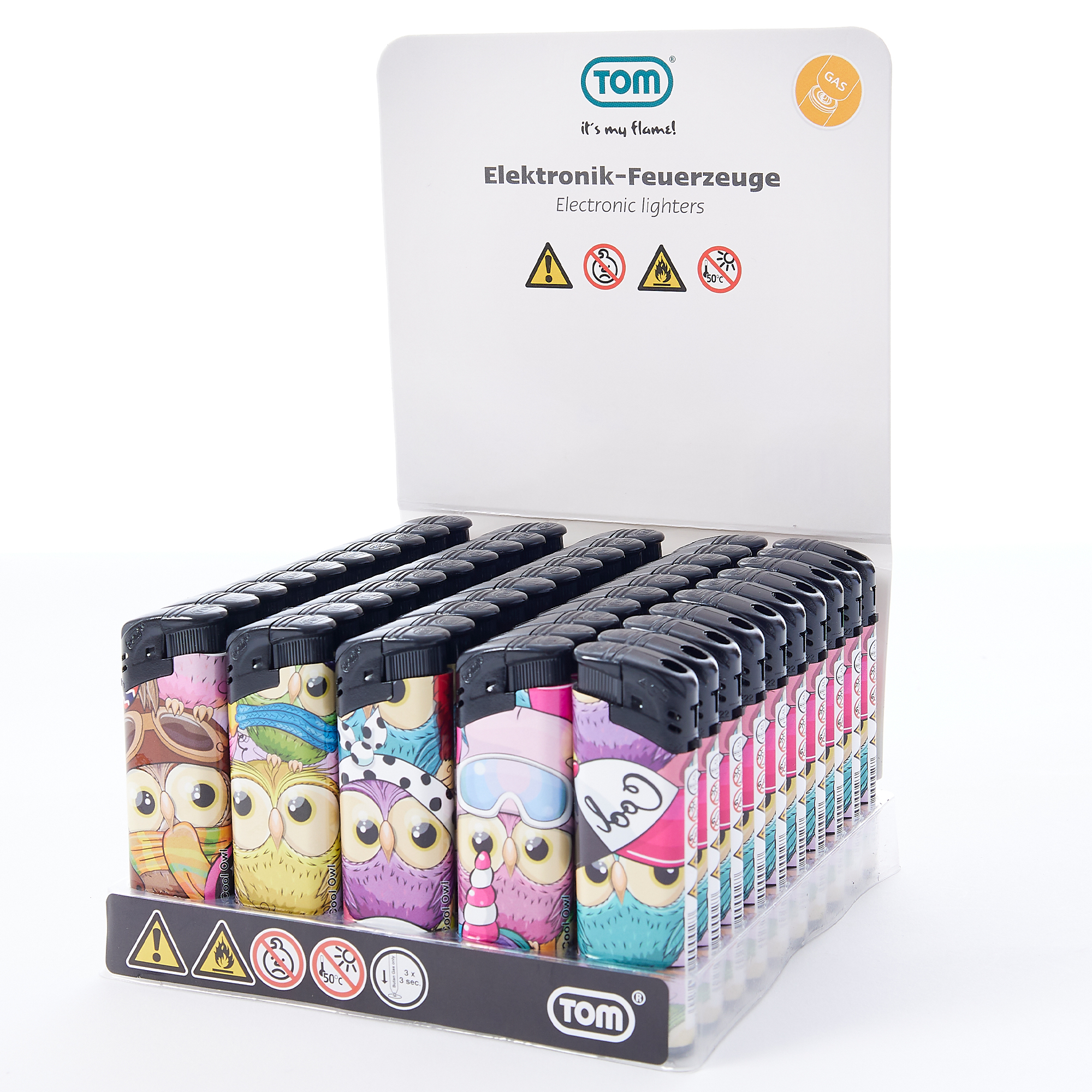 TOM Cool Owl Elektro-Feuerzeug im 50er Faltdisplay – bunte Eulen-Designs