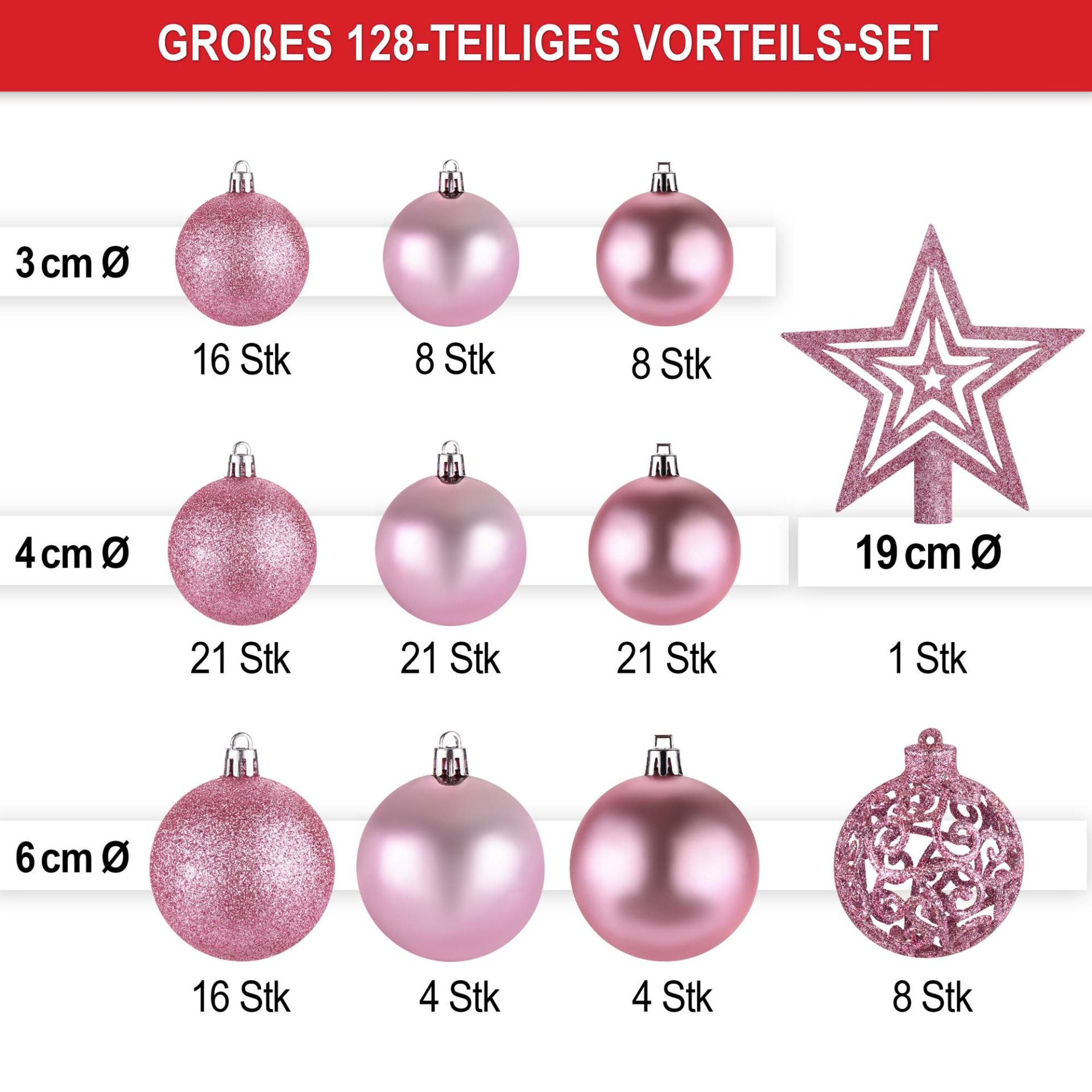 Weihnachtskugeln pink - Großes 128 teiliges Vorteils-Set, kleine, mittlere , große Kugeln und Stern
