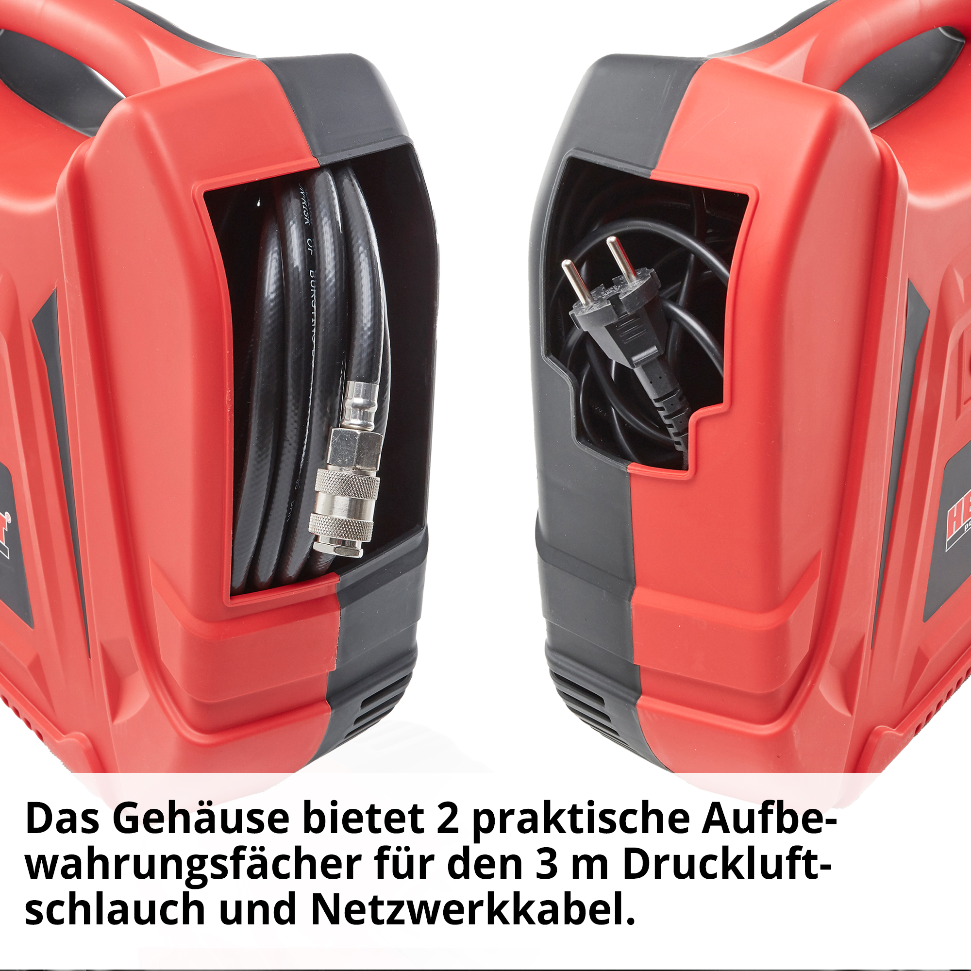 Kofferkompressor; Das Gehäuse bietet 2 praktische Aufbewahrungsfächer für den langen Druckluftschlauch und  Netzwerkkabel