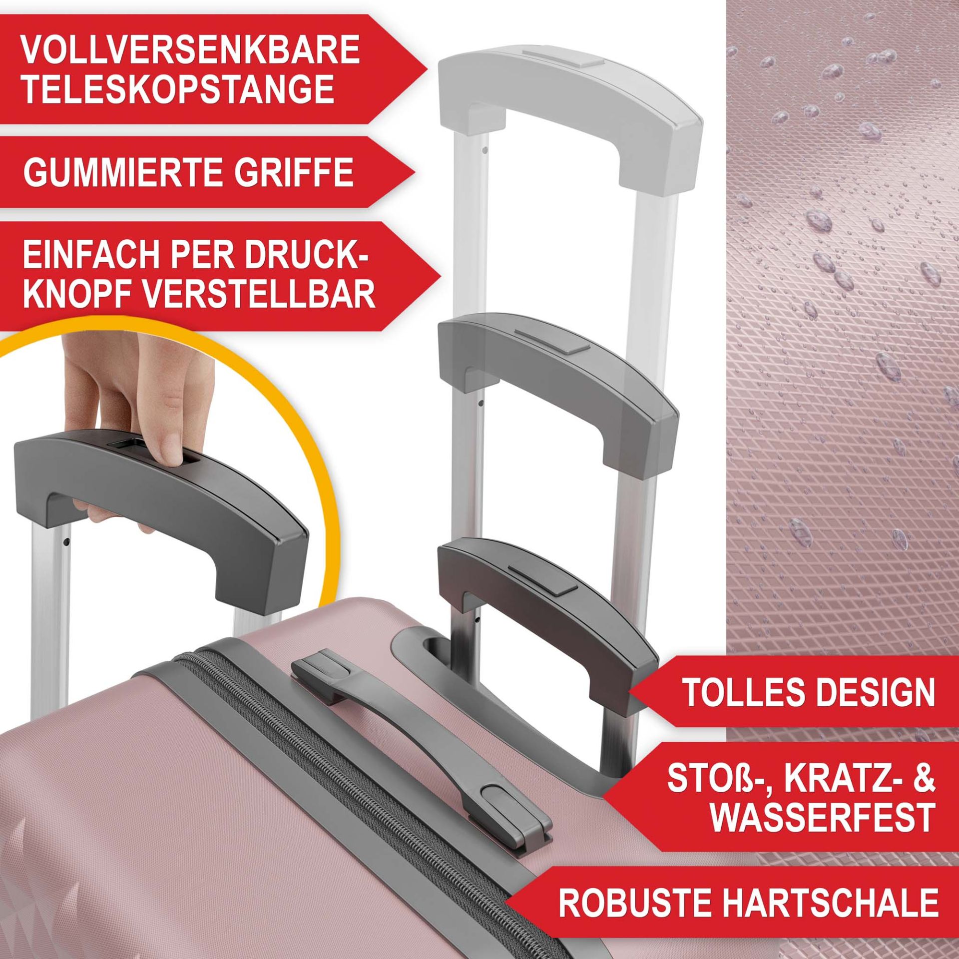 Hartschalenkofferset Rose Gold - Vollversenkbare Teleskopstange; gummierte Griffe; einfach per Druckknopf verstellbar; tolles Design; stoß- kratz- und Wasserfest; robuste Hartschale