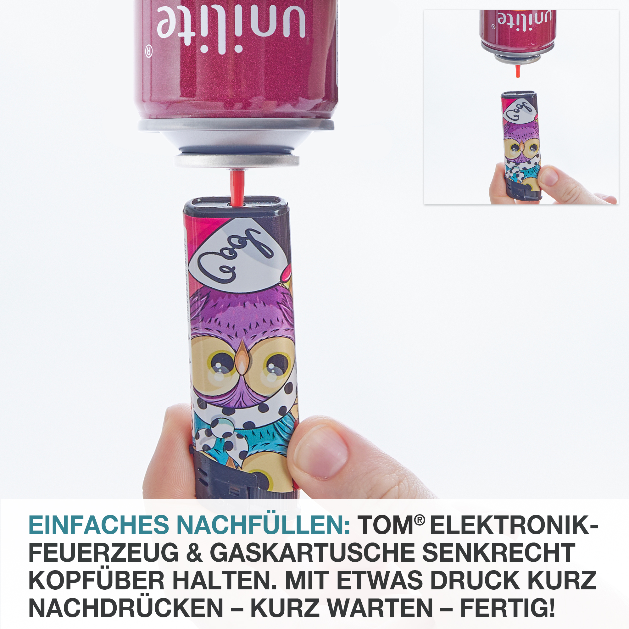 50 TOM Cool Owl Feuerzeuge – bunte Eulen im Verkaufsdisplay
