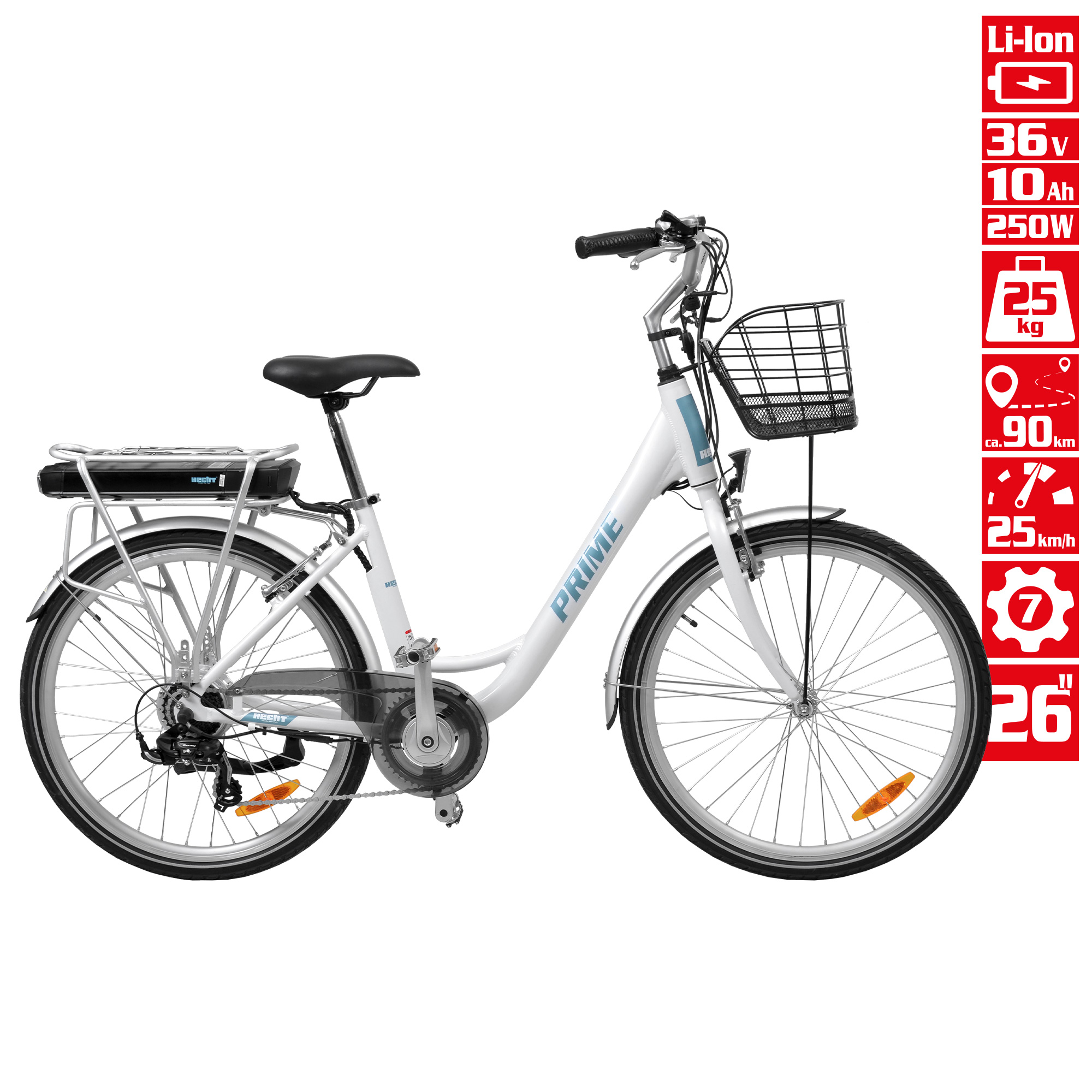 E-Bike mit tiefem Einstieg, Frontkorb und 26 Zoll Reifen in Weiß
