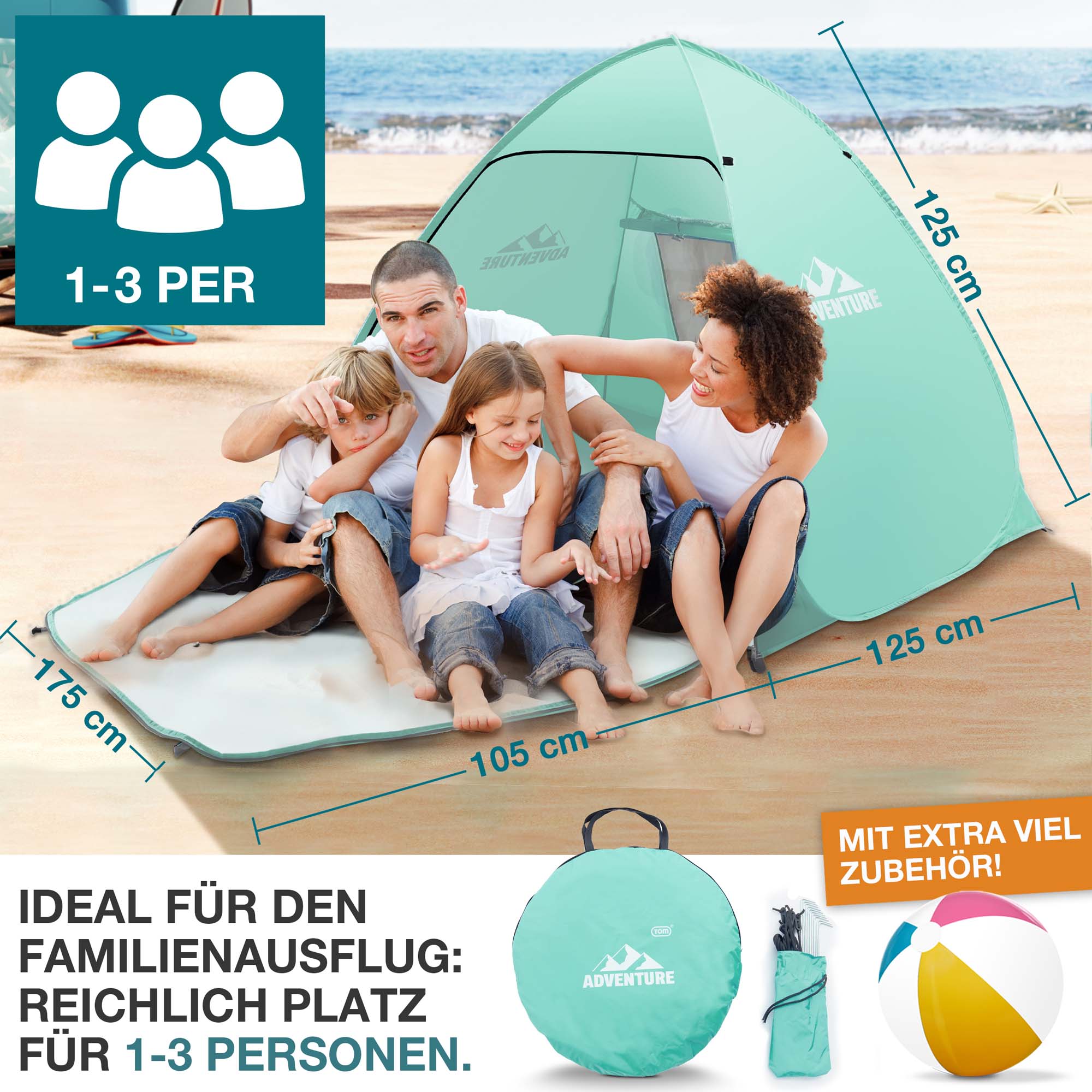 Grüne Strandmuschel am Strand bietet Platz für 1-3 Personen mit den Maßen 125 cm Höhe und 105 cm Breite inklusive Tragetasche und extra viel Zubehör ideal für Familienausflüge