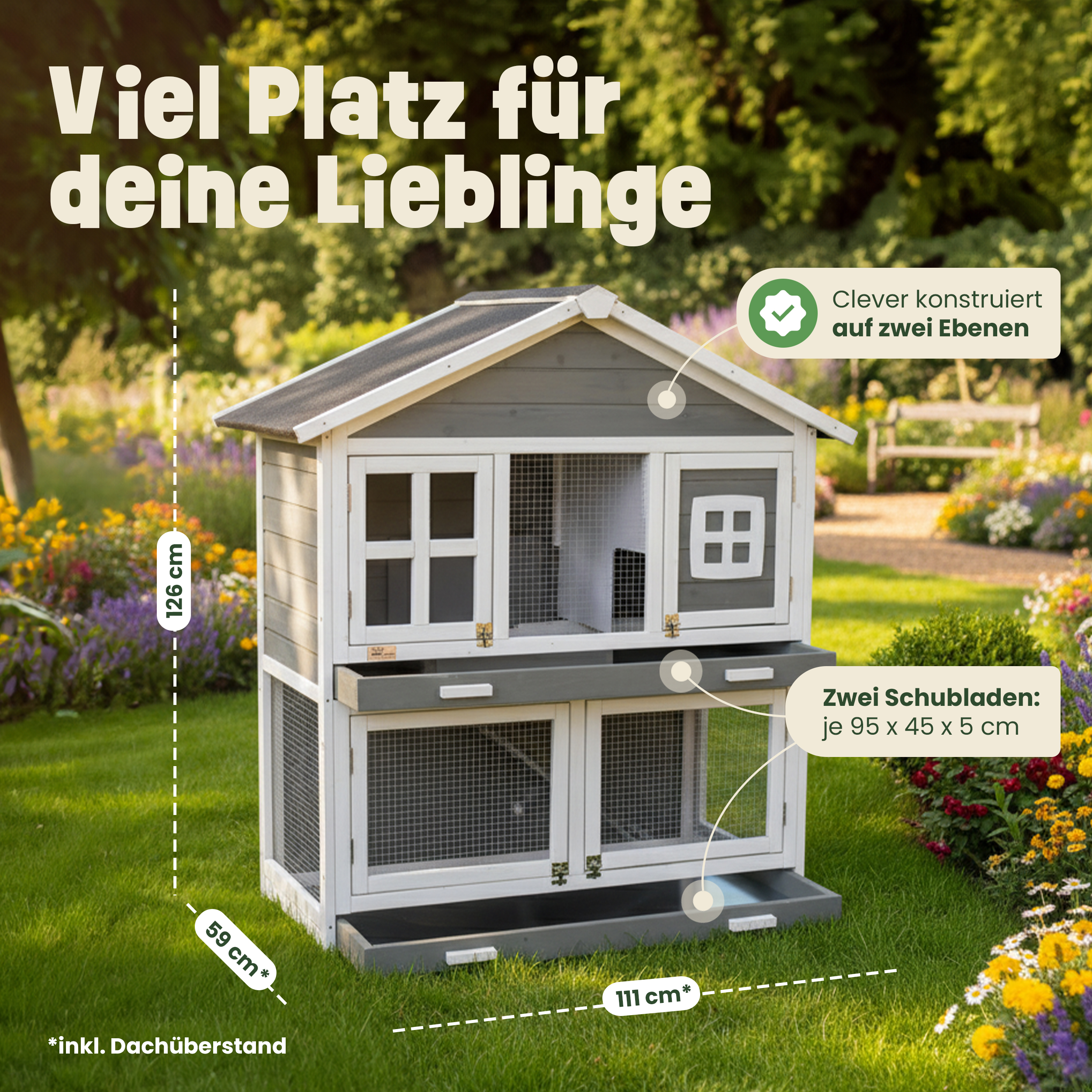 Hasenstall aus Holz zooprinz Murmel mit Rampe und abnehmbarem Dach
