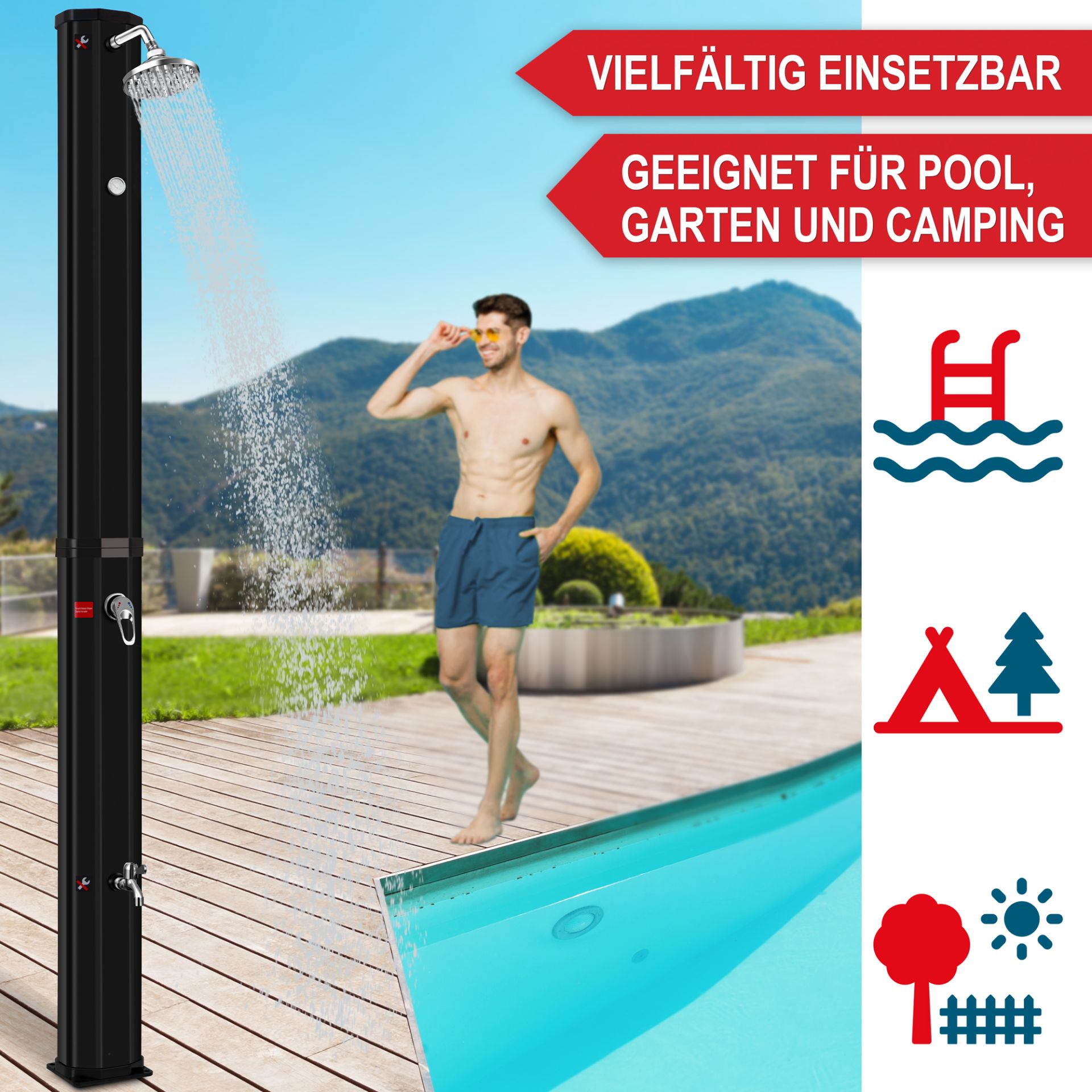 Solardusche schwarz - Vielfältig Einsetzbar, geeignet für Pool, Garten und Camping