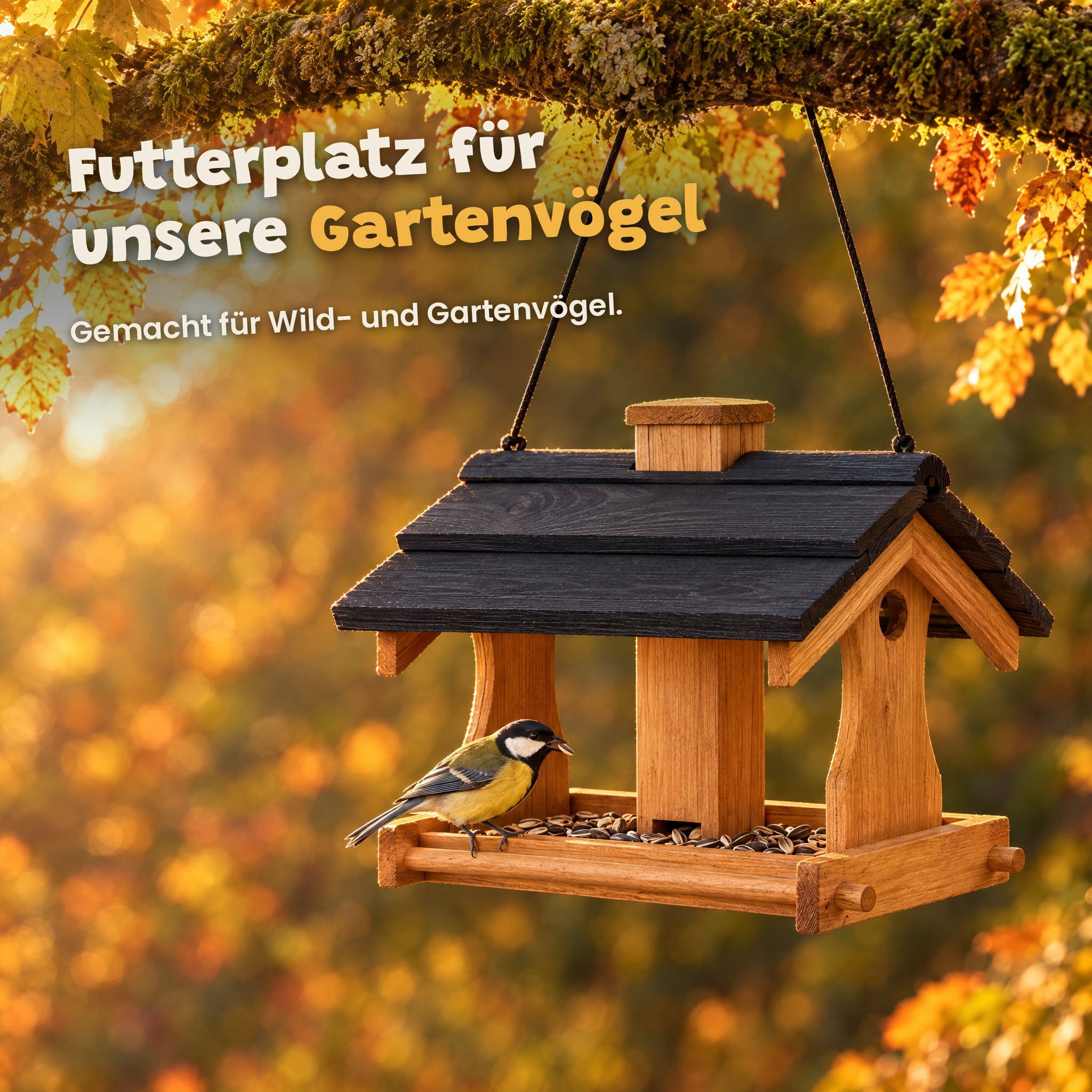 Futterplatz für Gartenvögel: Kohlmeise pickt Körner aus dem Futterhaus (Dieses Bild wurde mit Hilfe von KI generiert.)