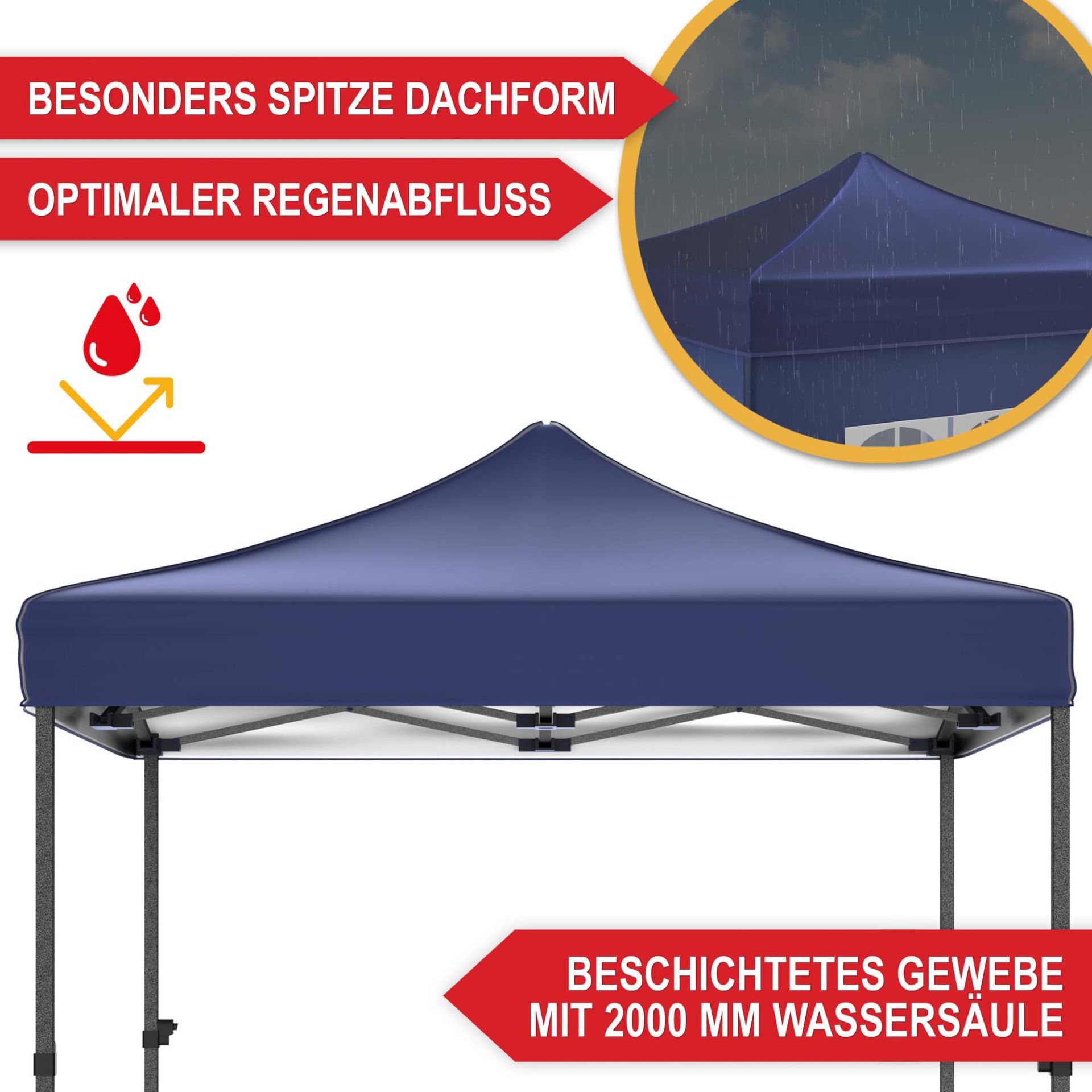 Pavillon blau - Besonders spitze Dachform, optimaler Regenabfluss, beschichtetes Gewebe mit 2000 Millimeter Wassersäule