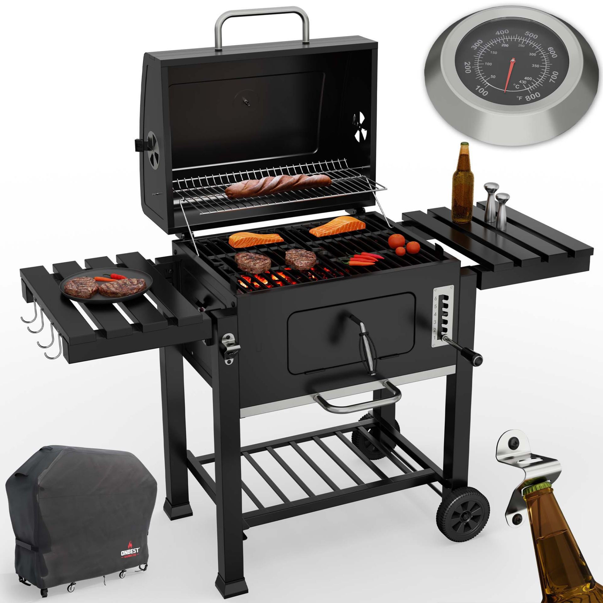 Holzkohlegrill Austin - Integriertes Thermometer, Flaschenöffnet und Abdeckung
