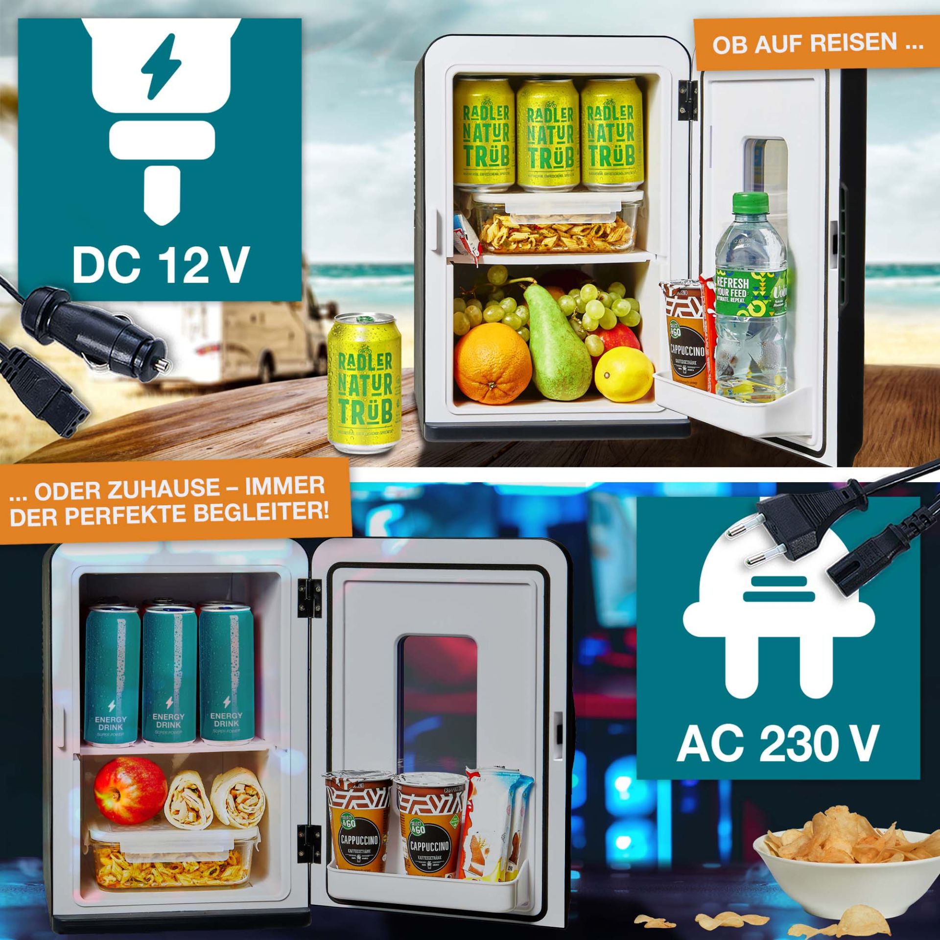 TOM Mini Kühlschrank; für Zuhause (230 Volt Anschluss) und Unterwegs (12 Volt Anschluss))