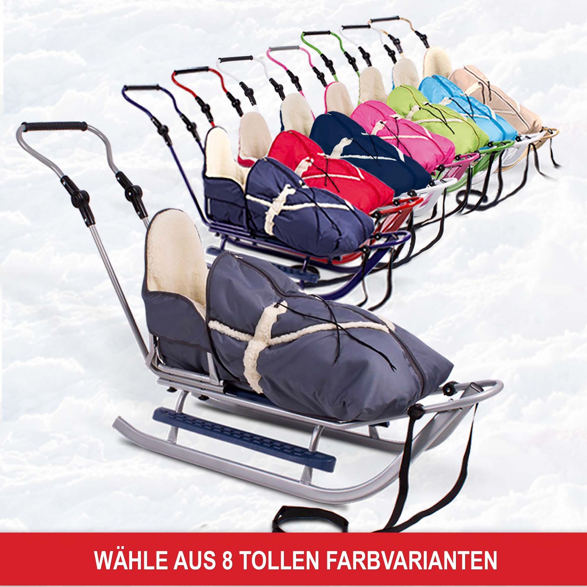 Acht verschiedene Farbvarianten - Holzschlitten