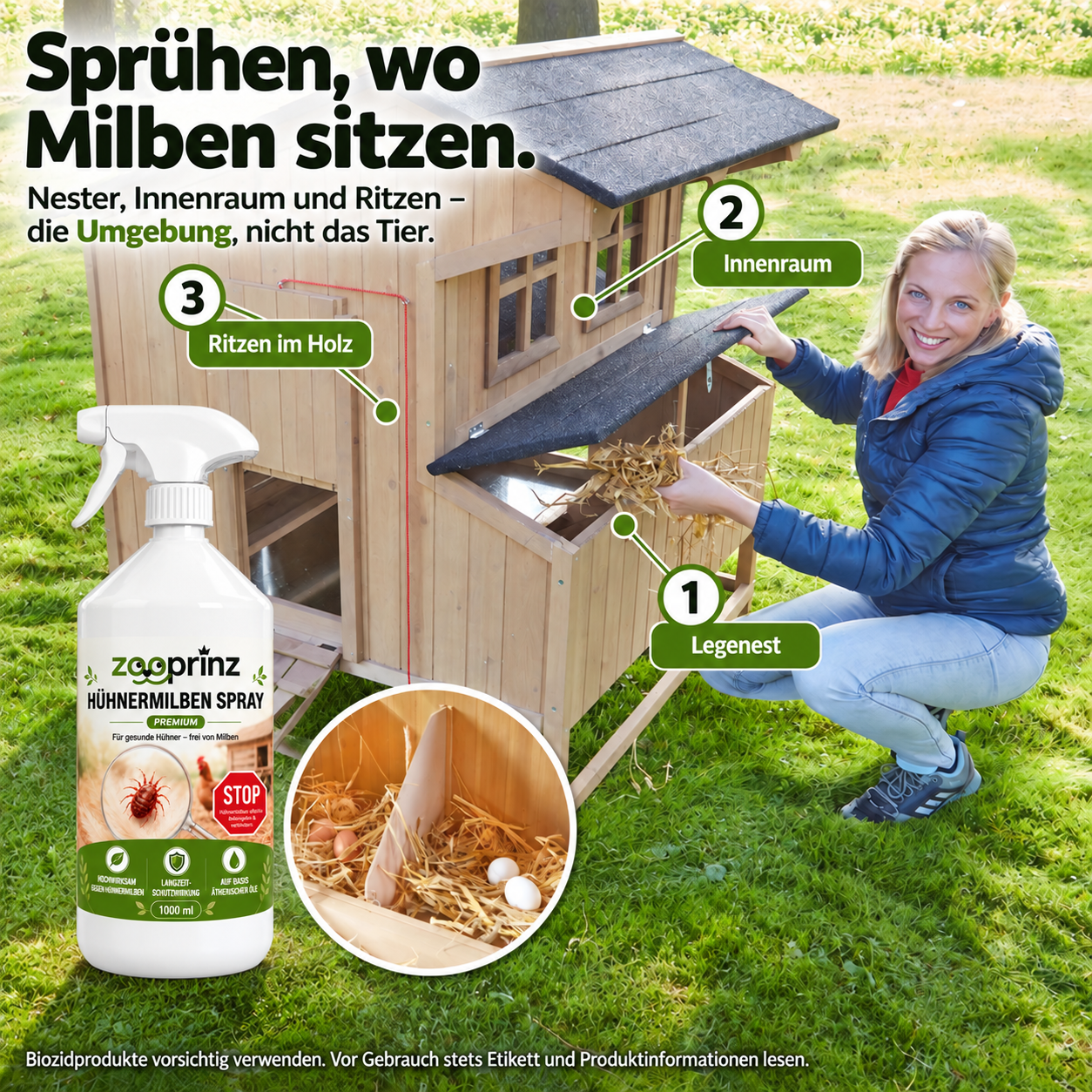 Geflügelspray Anwendung: Frau besprüht Legenester und Ritzen (Dieses Bild wurde mit Hilfe von KI generiert.)