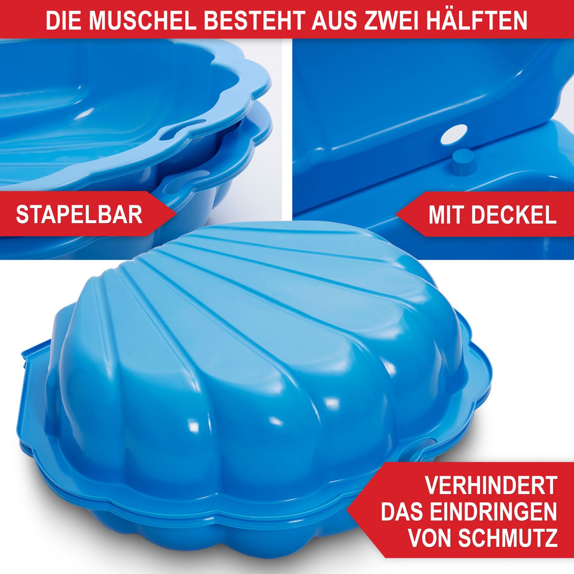 Sandkasten Muschel blau - Die Muschel besteht aus 2 Hälften, stapelbar, mit Deckel, verhindert das Eindringen von Schmutz