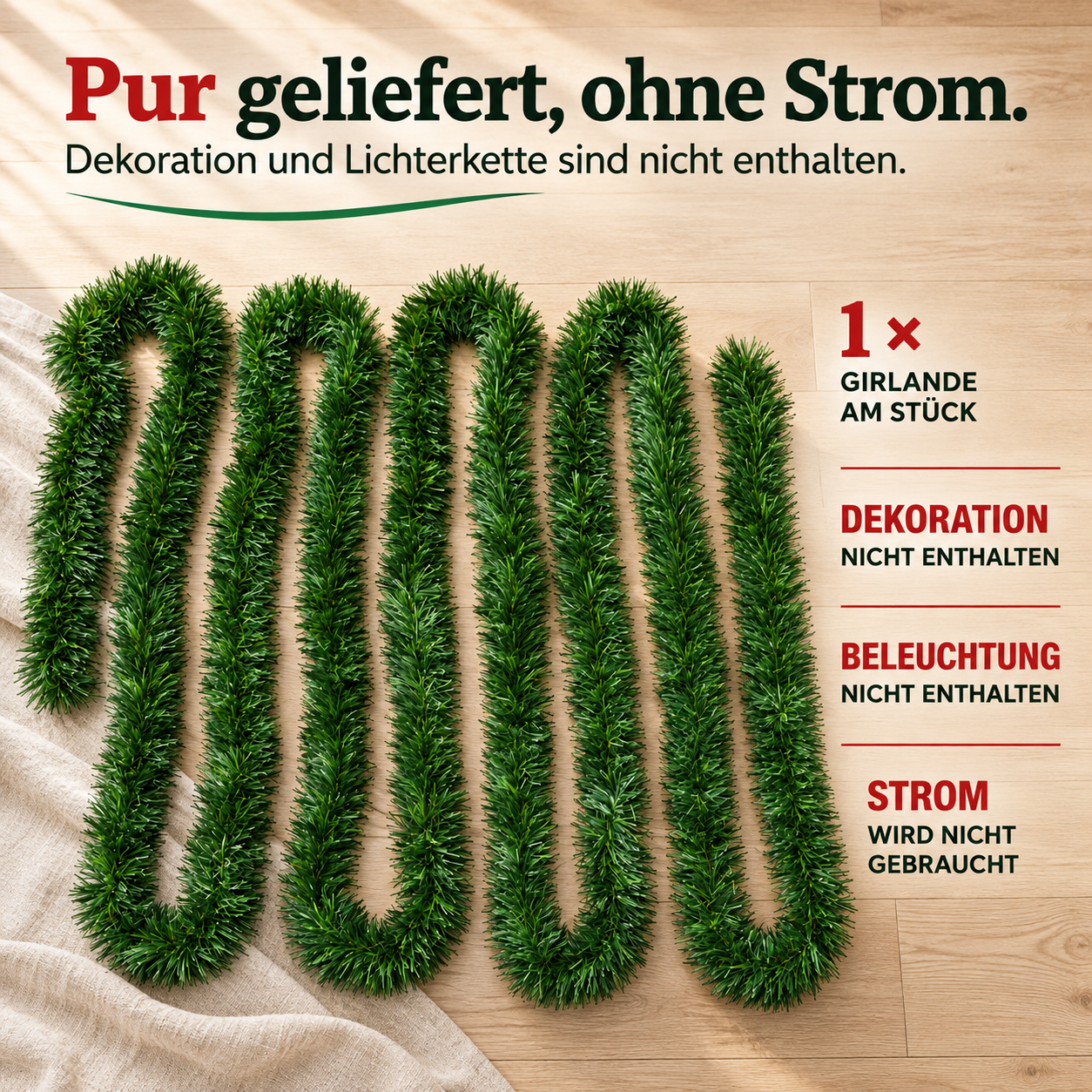 Tannengirlande pur: Lieferung am Stück ohne Deko oder Beleuchtung (Dieses Bild wurde mit Hilfe von KI generiert.)