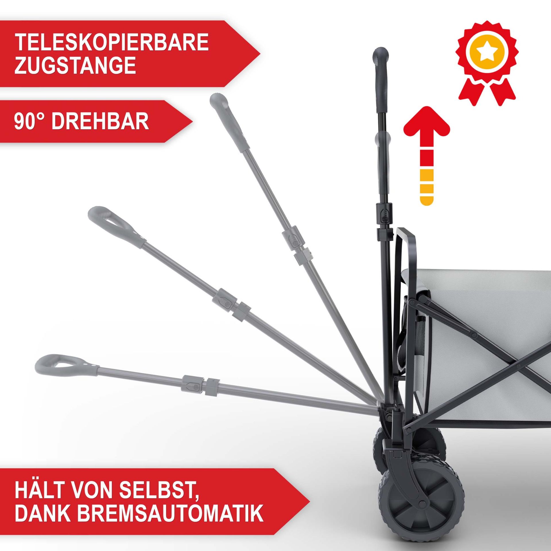 Bollerwagen grau - teleskopierbare Zugstange, 90 Grad drehbar, hält von selbst dank Bremsautomatik