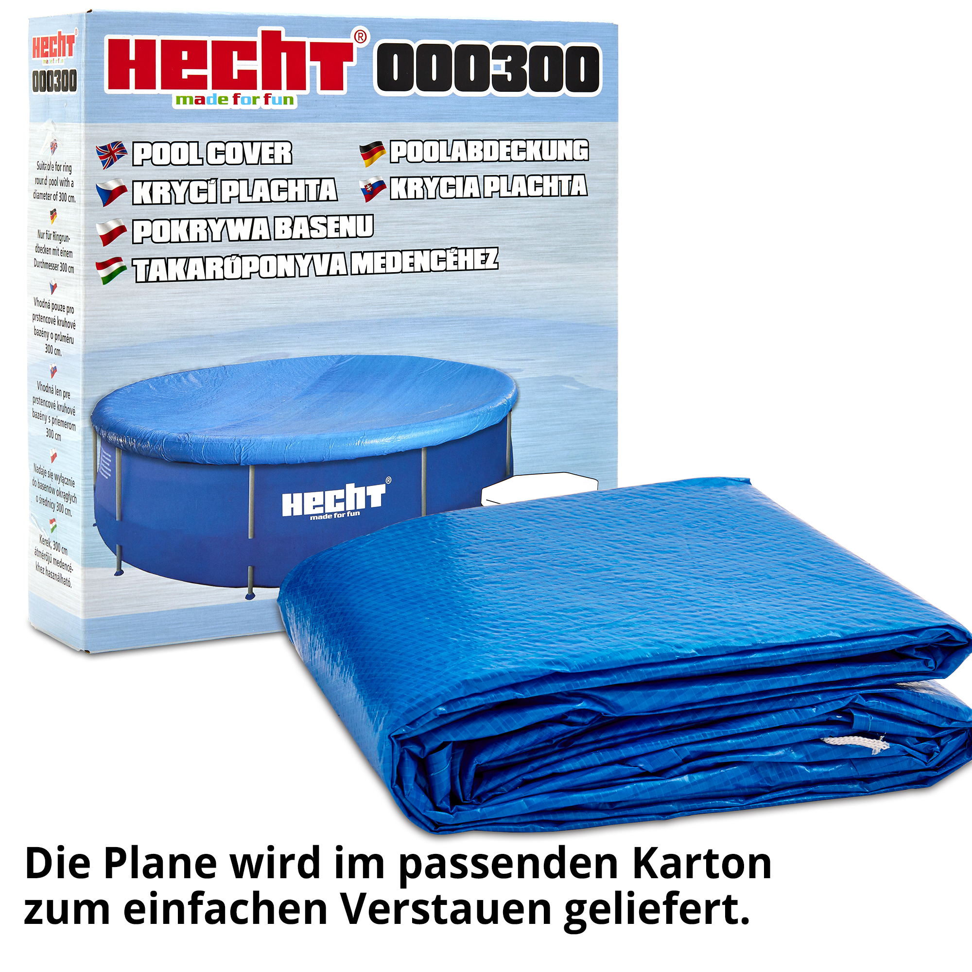 Hecht 000300 Poolabdeckung wird im passenden Karton zum einfachen Verstauen geliefert