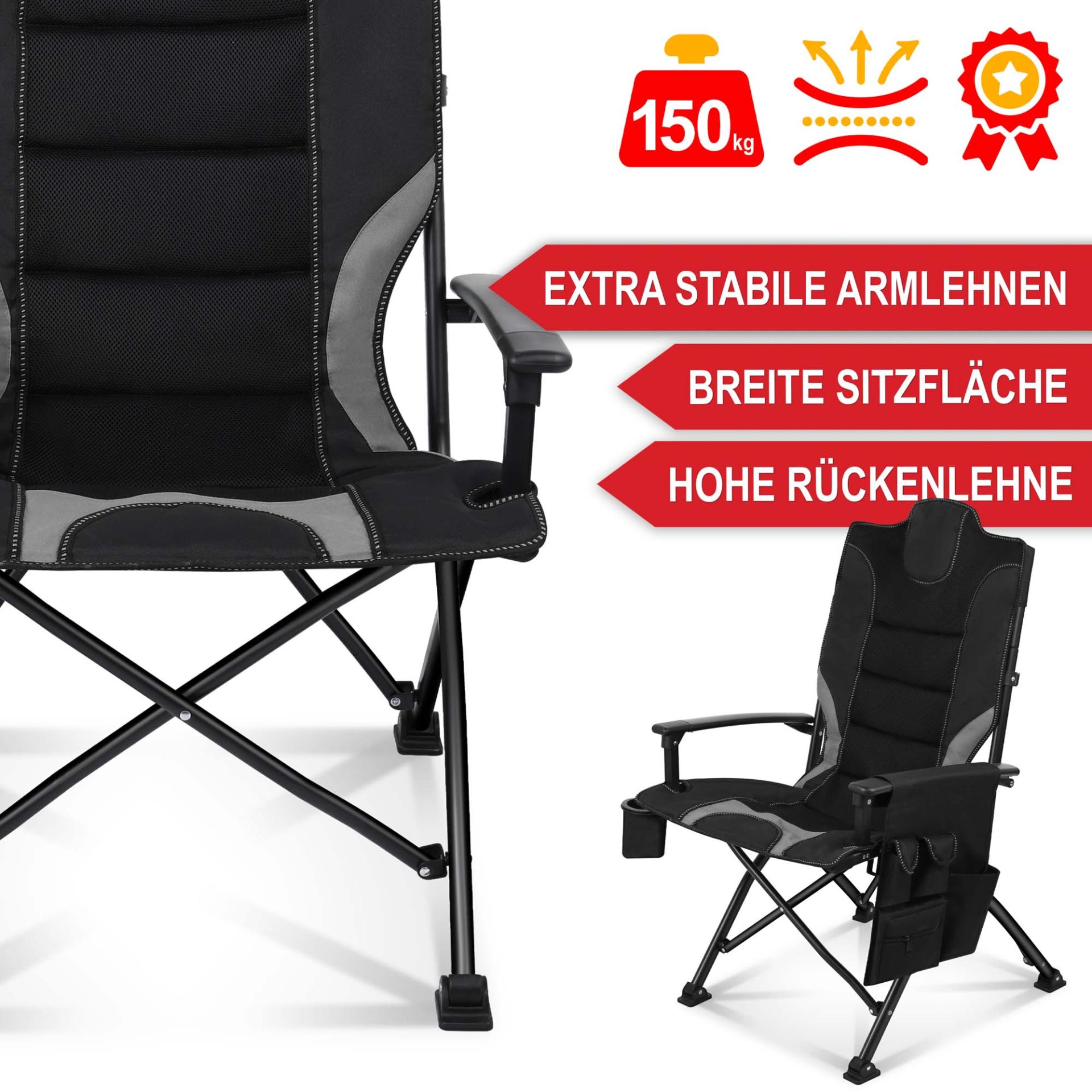 Campingstuhl schwarz/ grau - extra stabile Armlehne, breite Sitzfläche, hohe Rückenlehne
