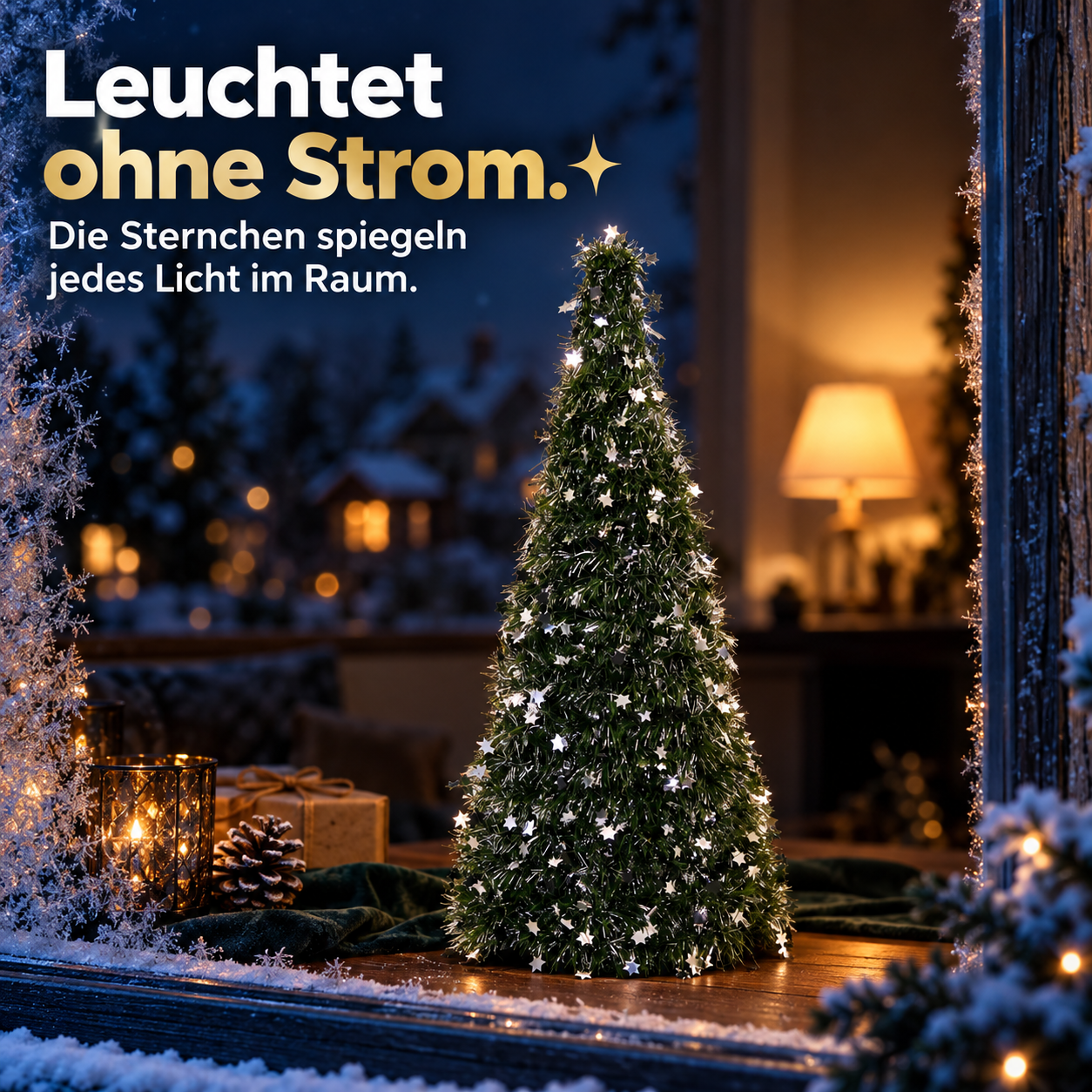 Strahlender Lametta-Baum ohne Strom: Sternchen spiegeln das Licht im Raum (Dieses Bild wurde mit Hilfe von KI generiert.)