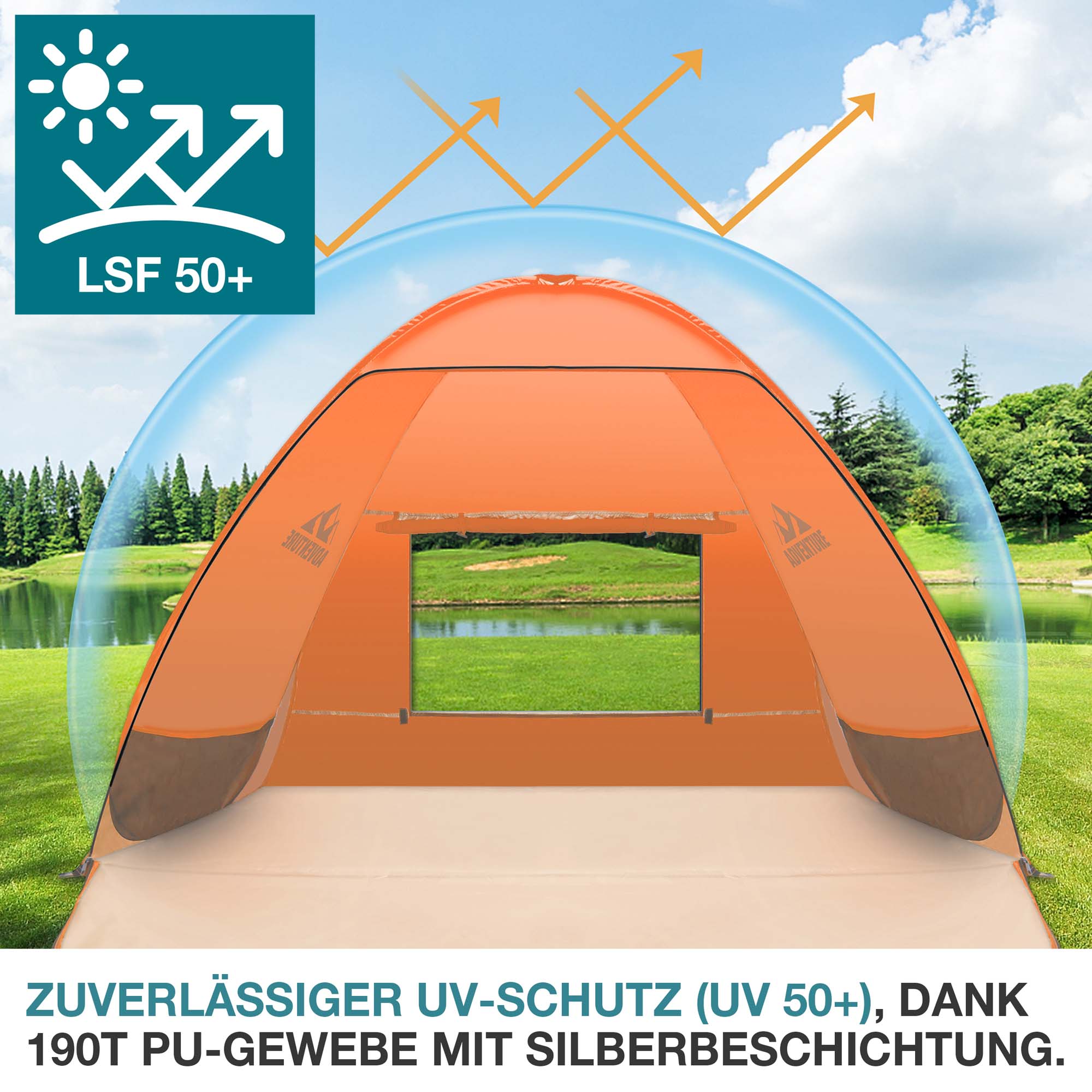 Orange Strandmuschel mit UV-Schutz LSF 50+ dank silberbeschichtetem 190T PU-Gewebe für optimalen Sonnenschutz
