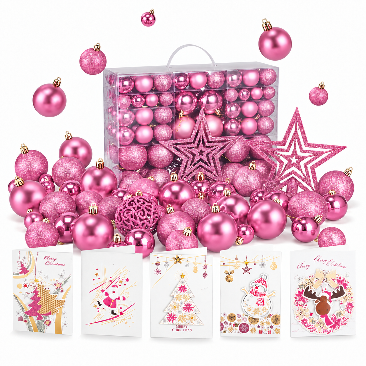 ONBEST Christbaumkugeln: Komplettes Pink-Set freigestellt auf Weiß (Dieses Bild wurde mit Hilfe von KI generiert.)