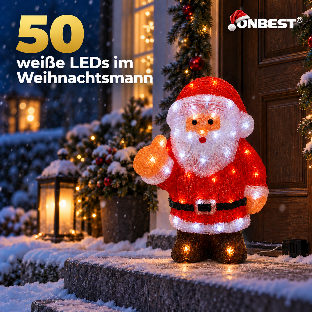 Leuchtfigur Weihnachtsmann: 50 weiße LEDs strahlen im Winter-Design (Dieses Bild wurde mit Hilfe von KI generiert.)