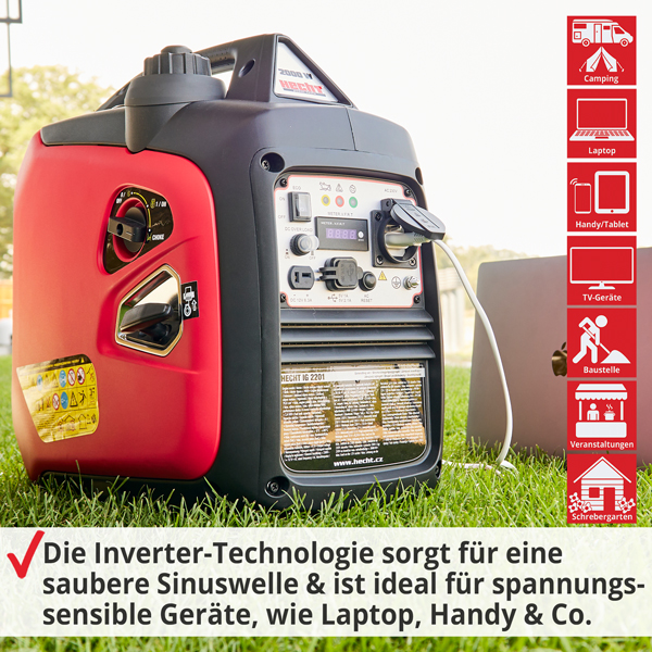 Inverter Benzin Notstromaggregat mit Inverter-Technologie, sorgt für eine saubere Sinuswelle und ist ideal für spannungssensible Geräte, wie Laptop, Handy und Co