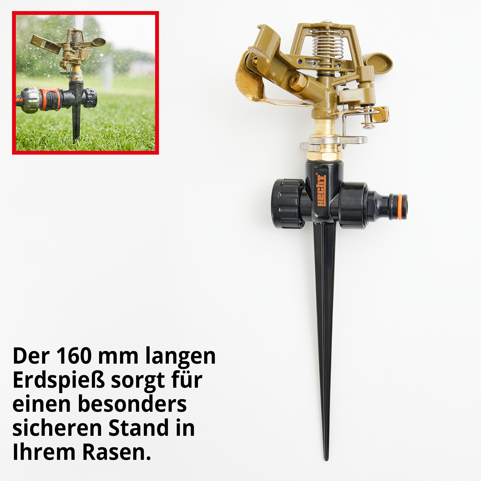 Hecht Impulsregner mit 160 mm Erdspieß sorgt für Optimalen Halt 