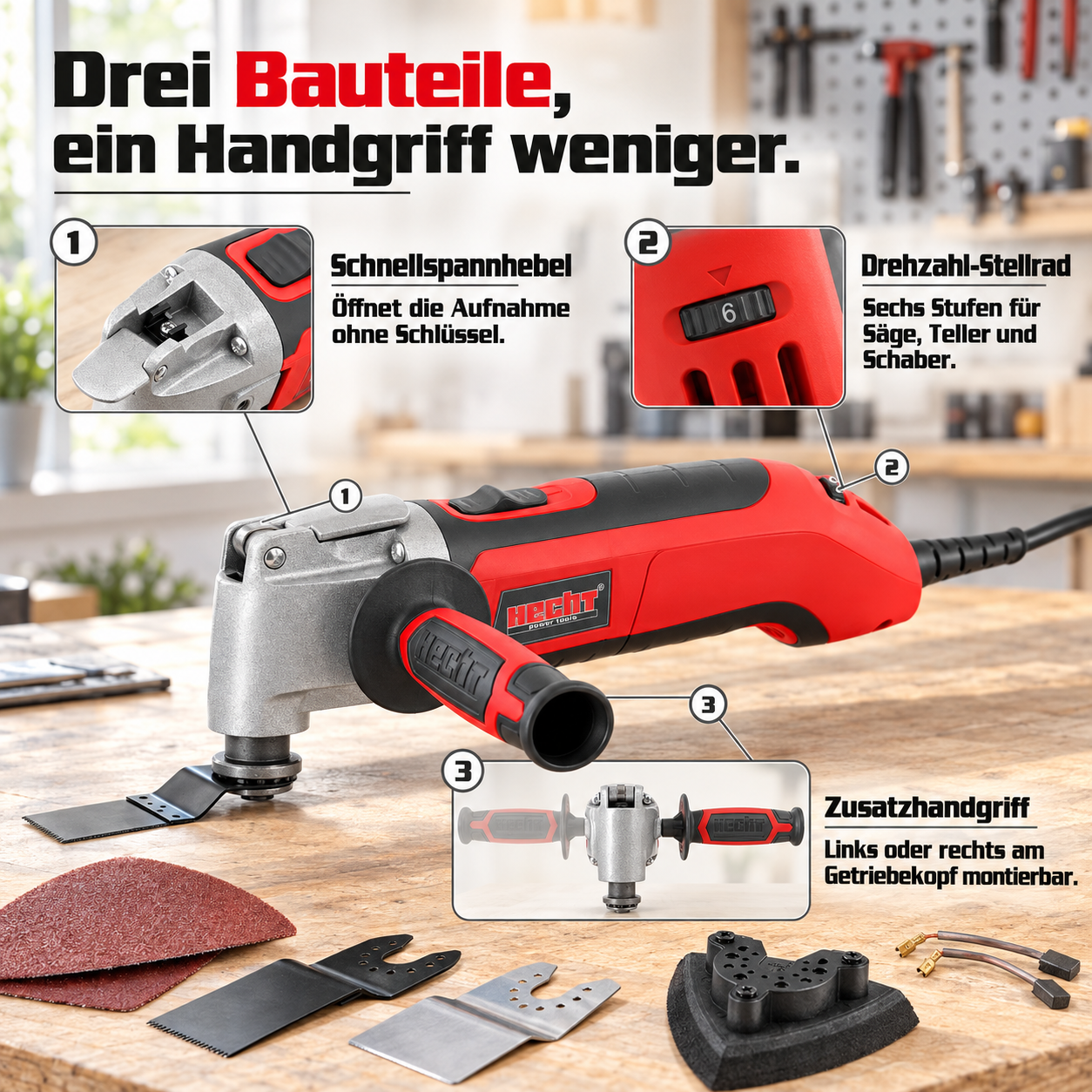 HECHT Multitool Details: Schnellspannhebel, Stellrad und Zusatzhandgriff (Dieses Bild wurde mit Hilfe von KI generiert.)