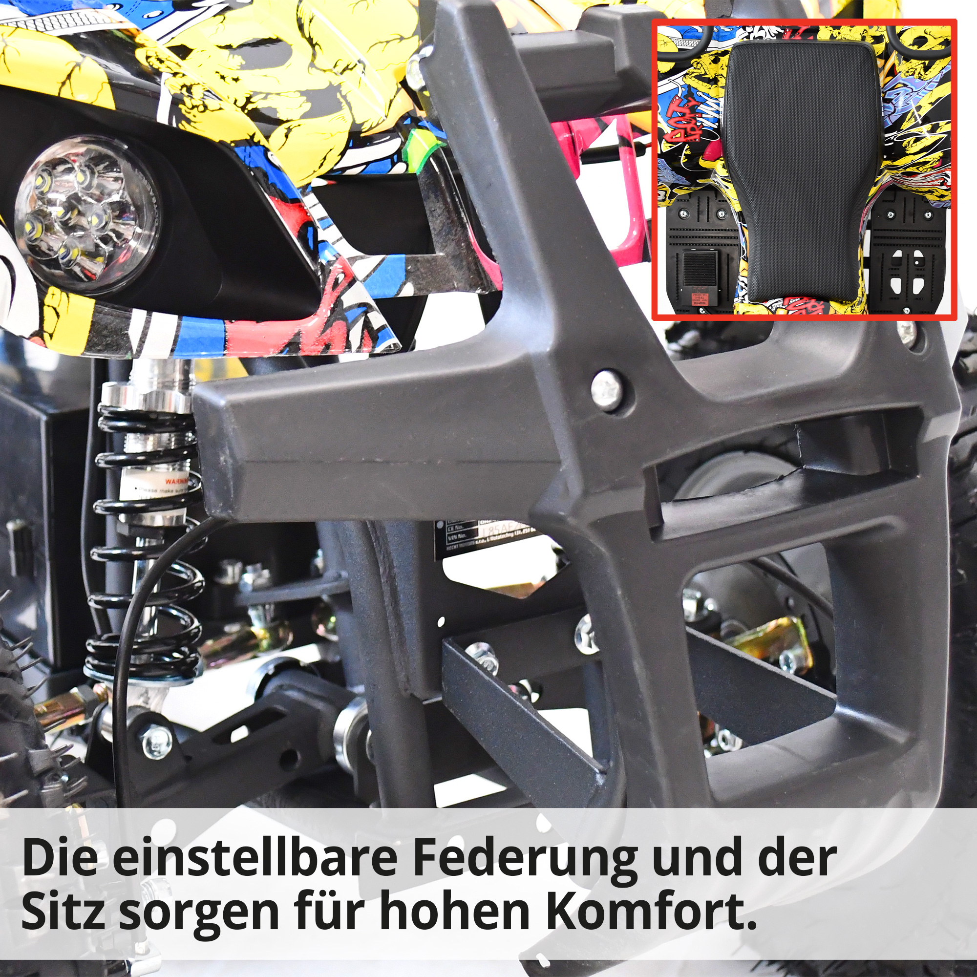 Hecht 56100 COMIC QUAD; Die einstellbare Federung und der Sitz sorgen für hohen Komfort