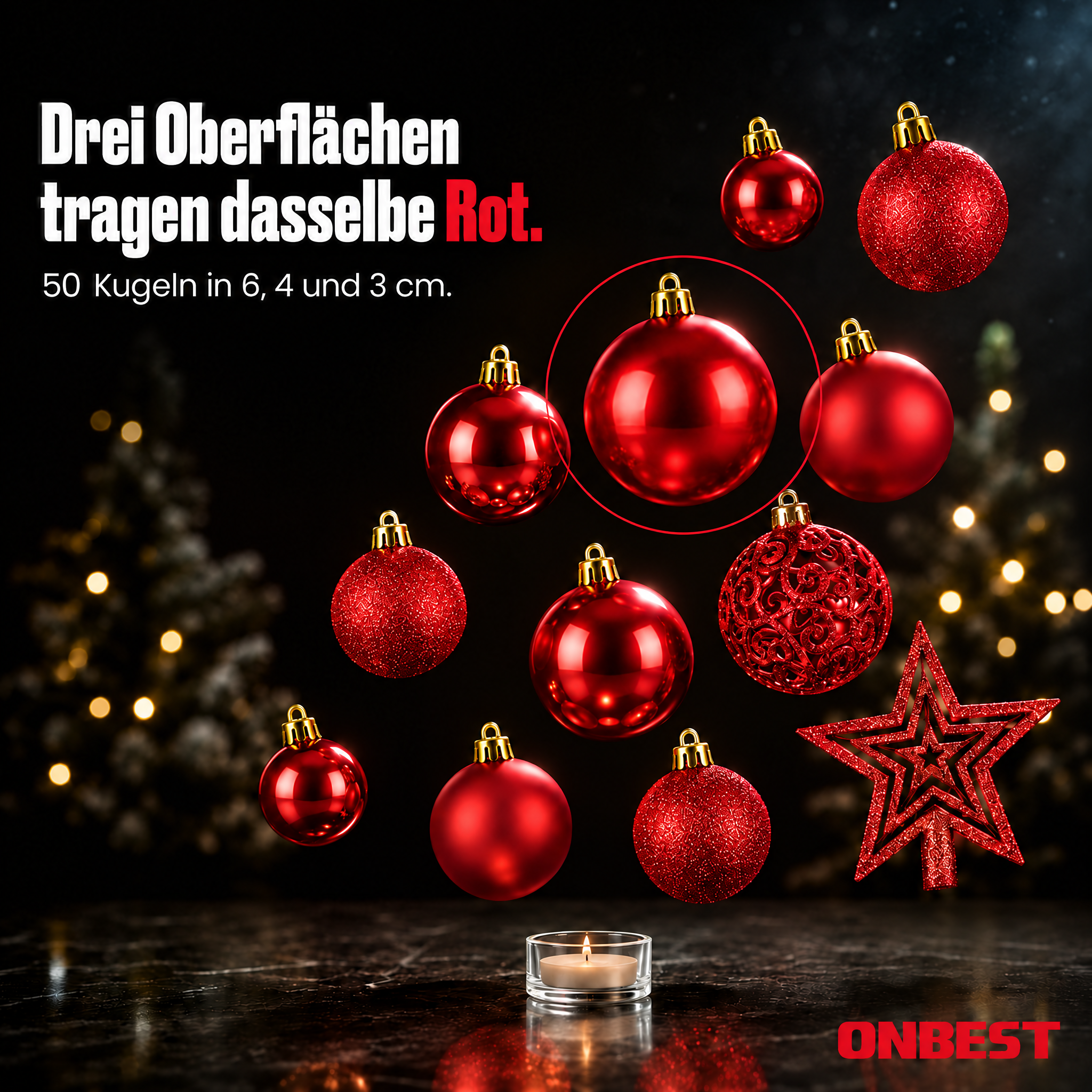 Christbaumkugeln Rot ONBEST: Drei Oberflächen und Größen im Set. (Dieses Bild wurde mit Hilfe von KI generiert.)