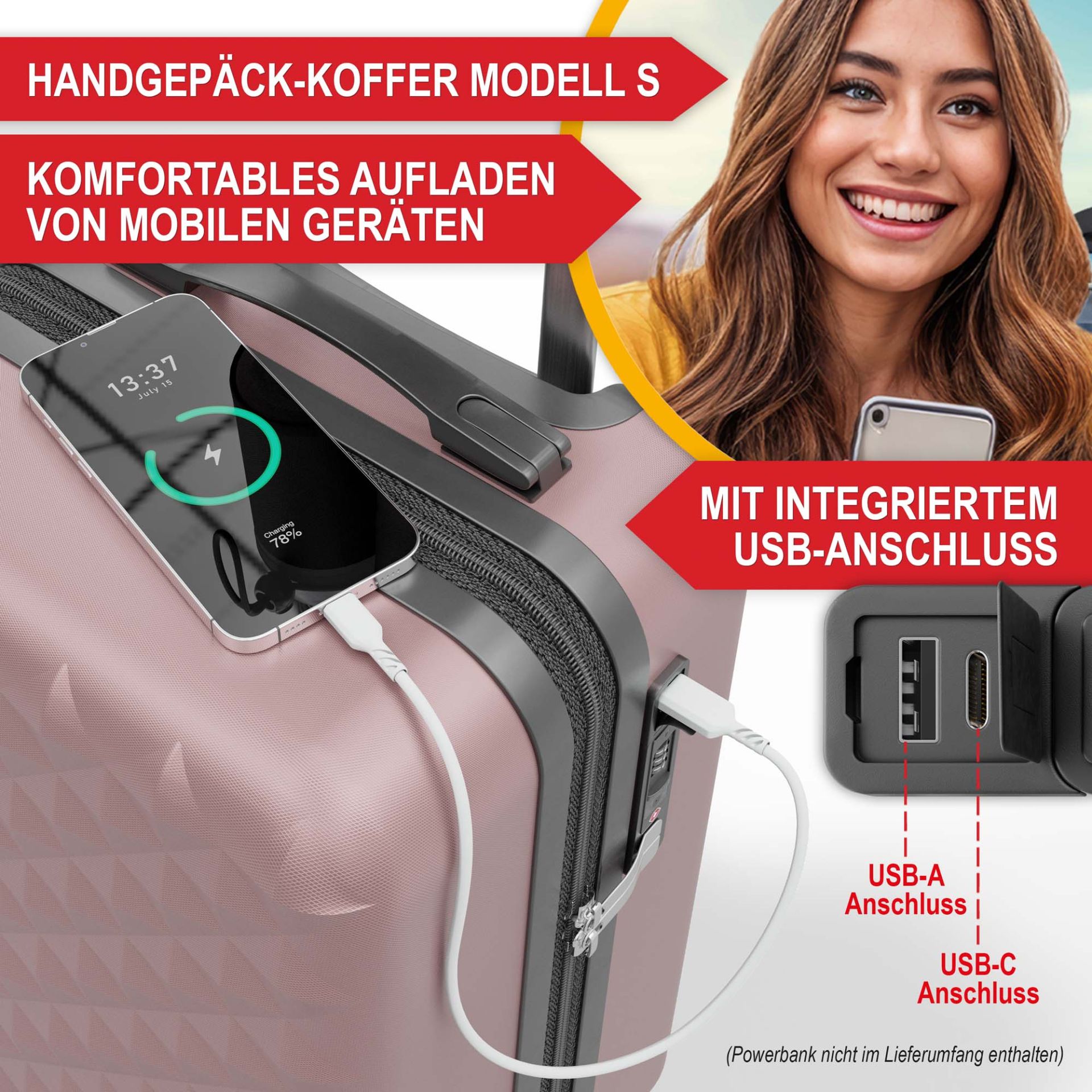 Hartschalenkofferset Rose Gold - Handgepäckkoffer Modell S, komfortables aufladen von mobilen Geräten mit integriertem USB-Anschluss