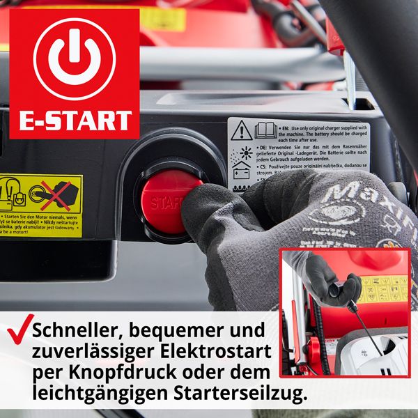 Benzin Rasenmäher; bequemer Elektrostart oder Seilzug zum Starten