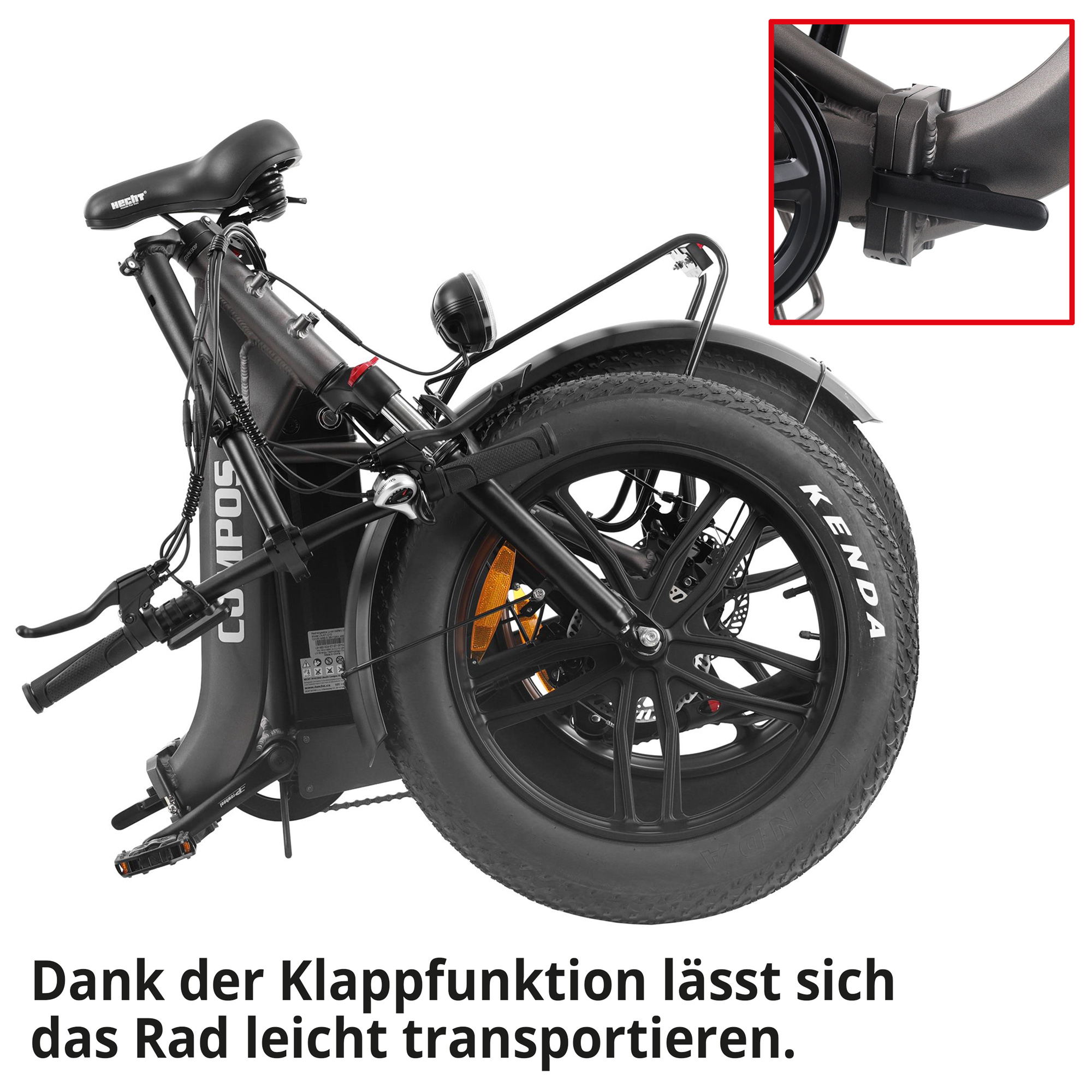 Elektro Klapprad; dank der Klappfunktion lässt sich das Rad leicht transportieren